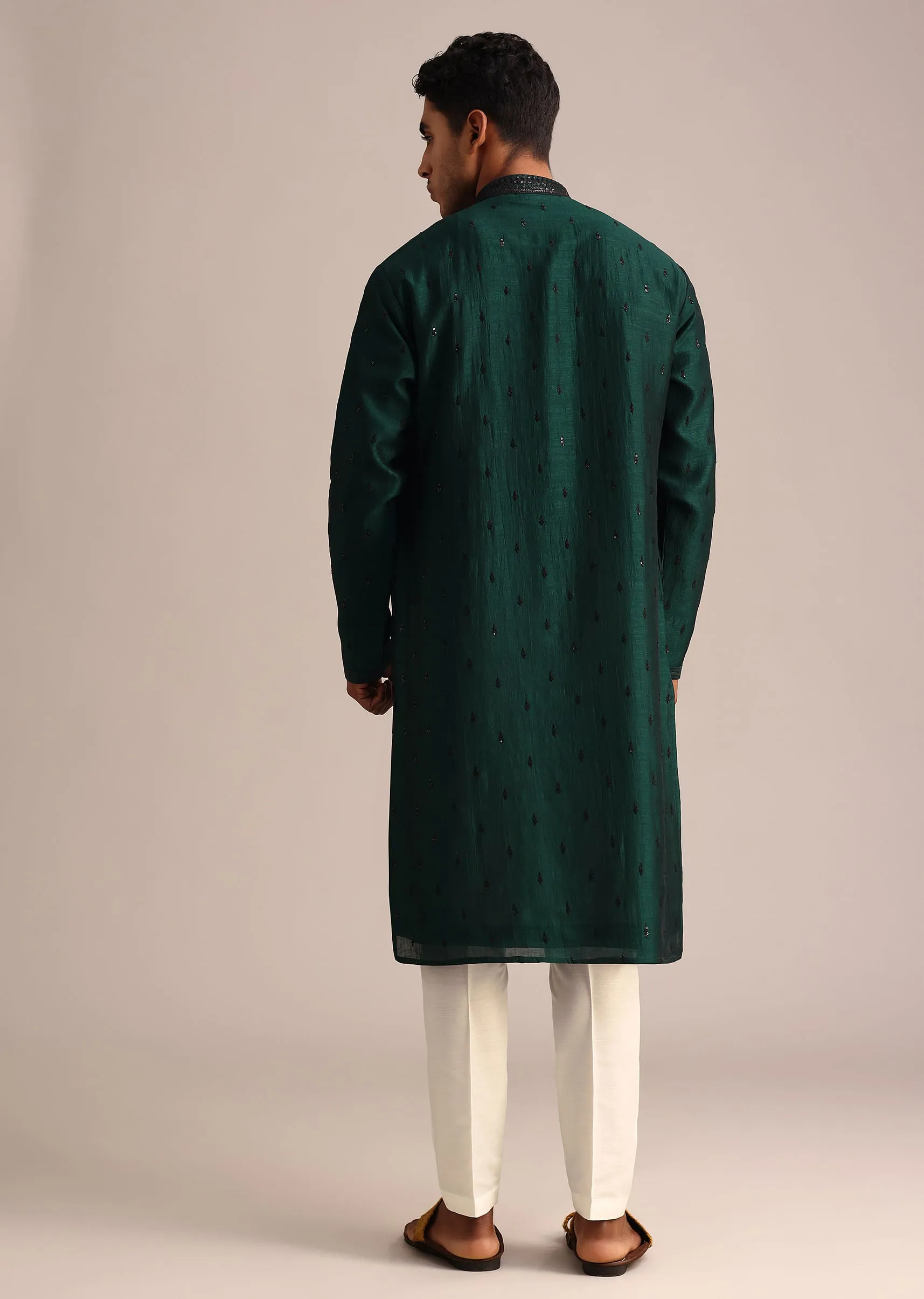 Bottle Green Silk Kurta Set With Sequin Work