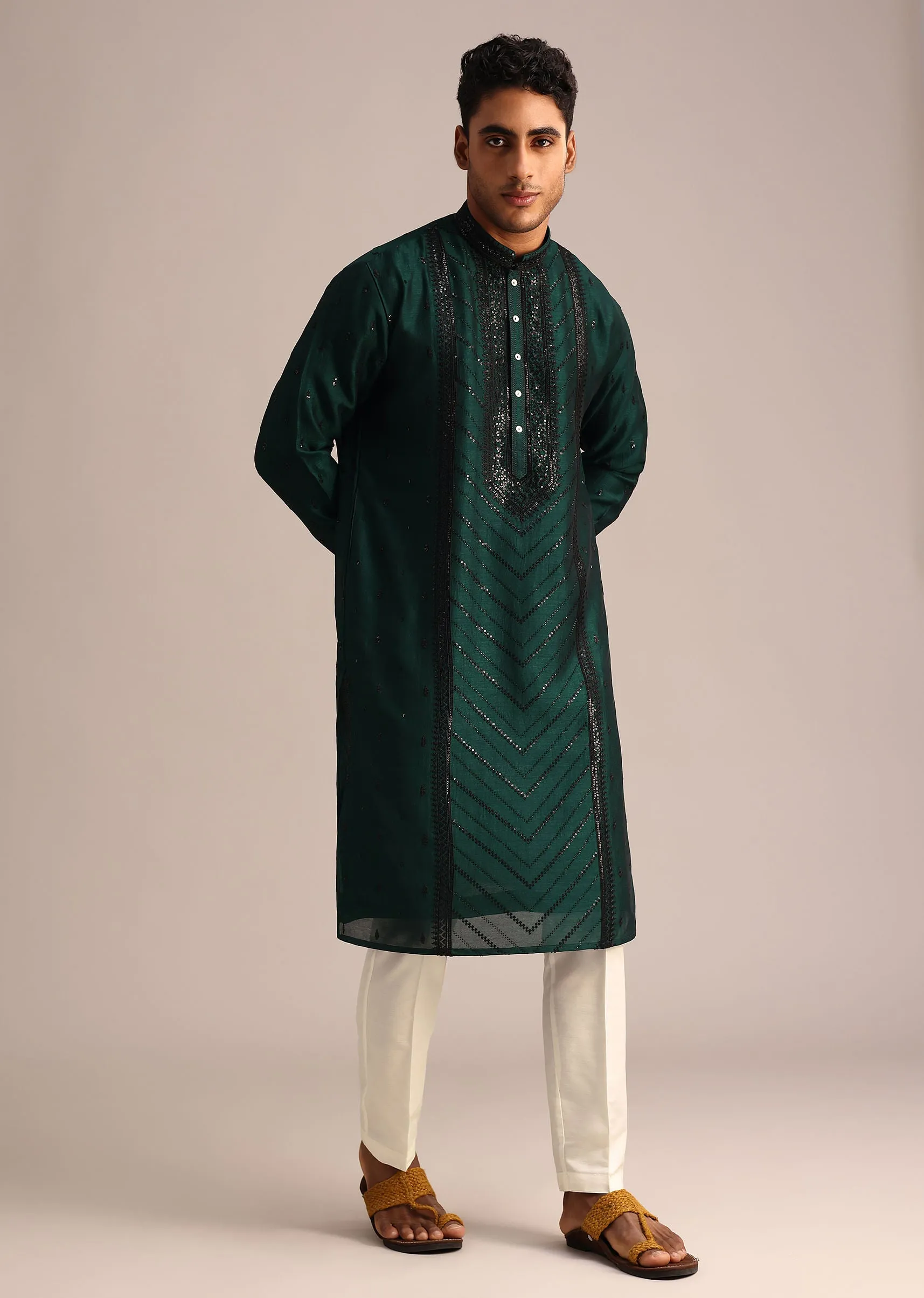 Bottle Green Silk Kurta Set With Sequin Work