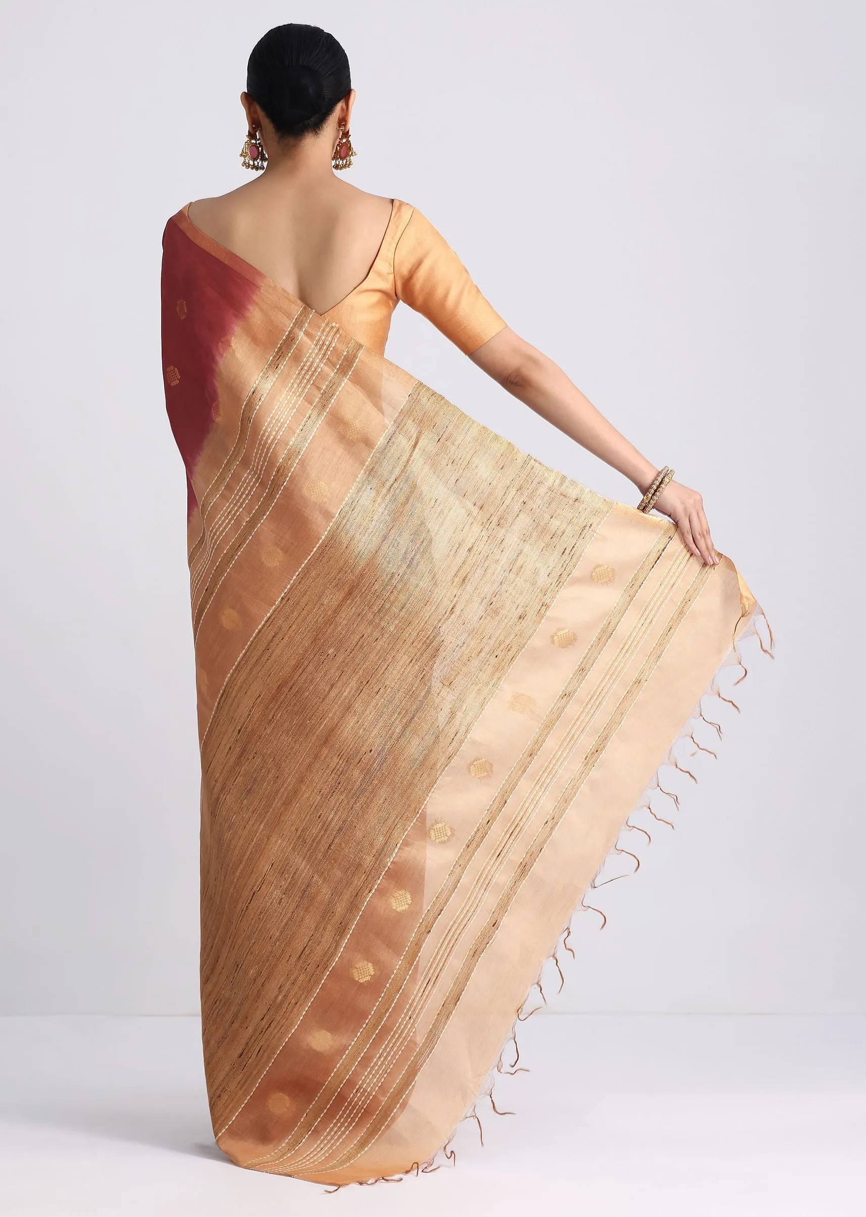 Brown Spun Silk Saree With Woven Butti Work