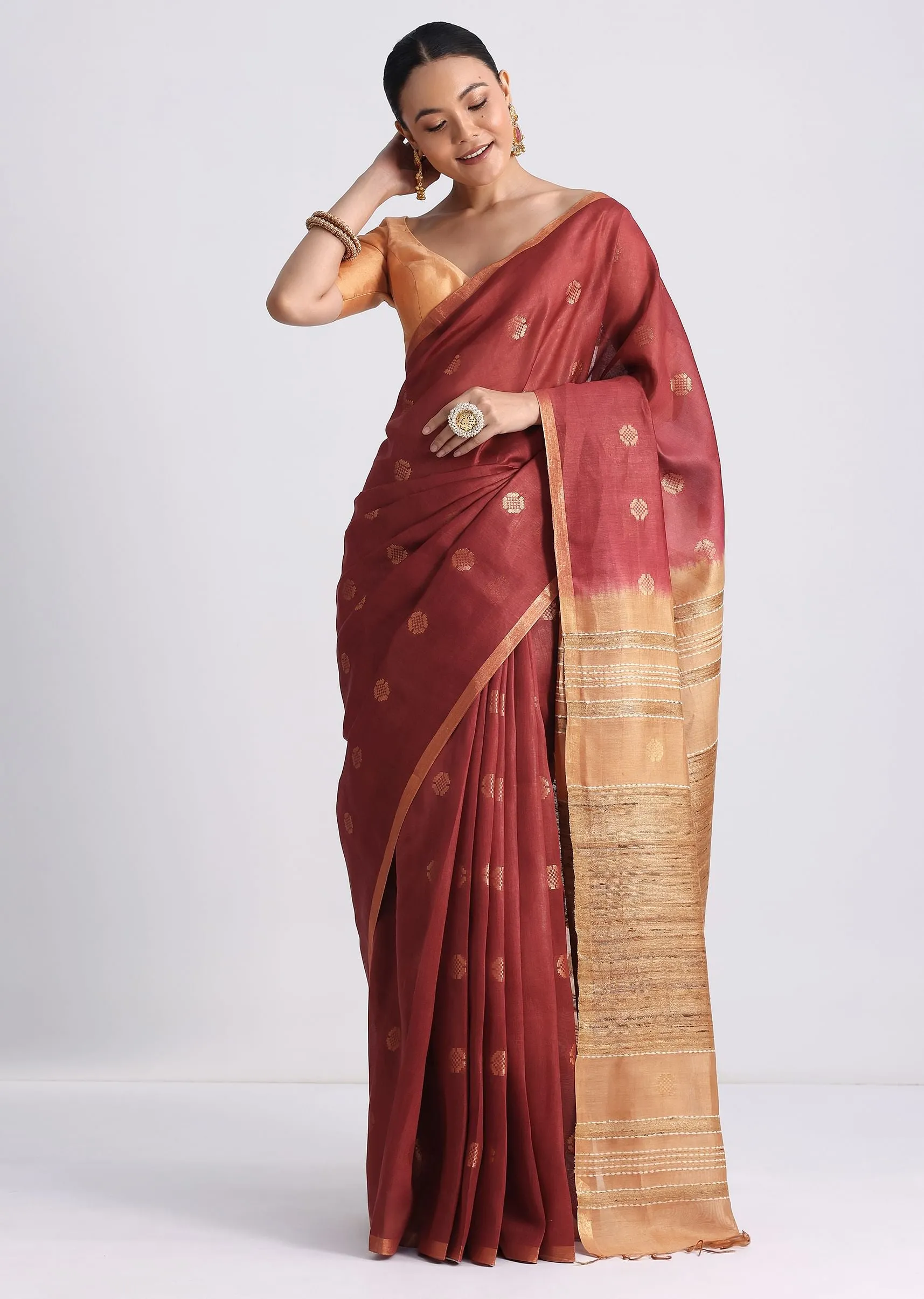 Brown Spun Silk Saree With Woven Butti Work
