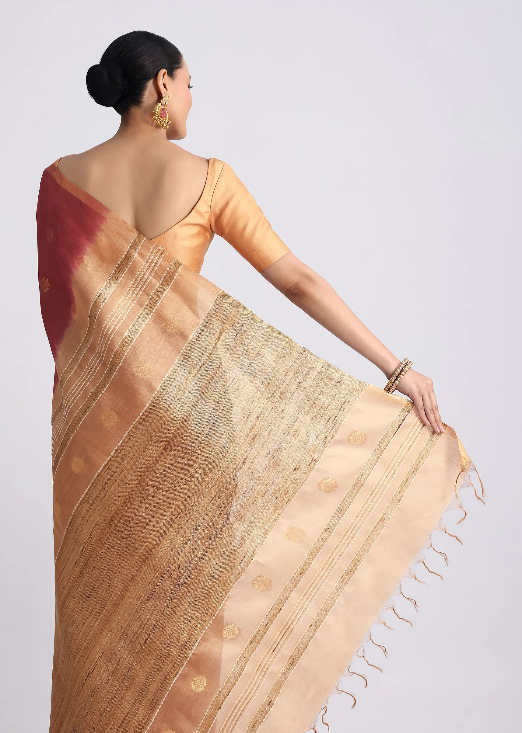 Brown Spun Silk Saree With Woven Butti Work