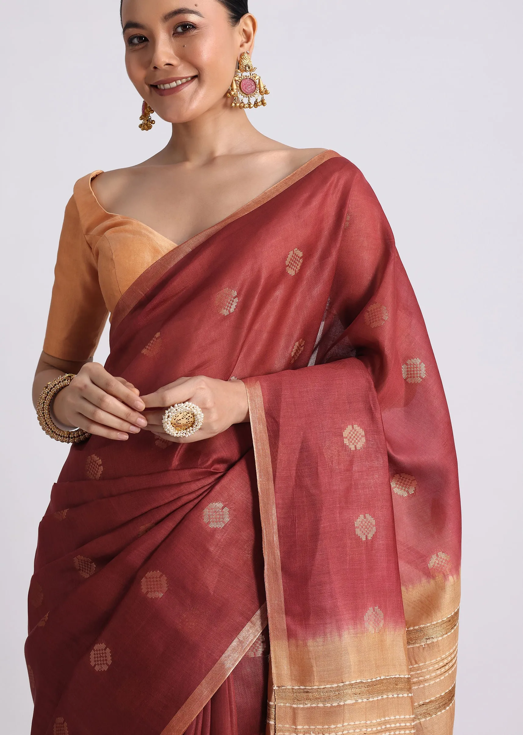 Brown Spun Silk Saree With Woven Butti Work