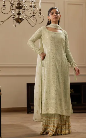 Chiffon Embroidered Shirt with Gharara and Banarsi Dupatta