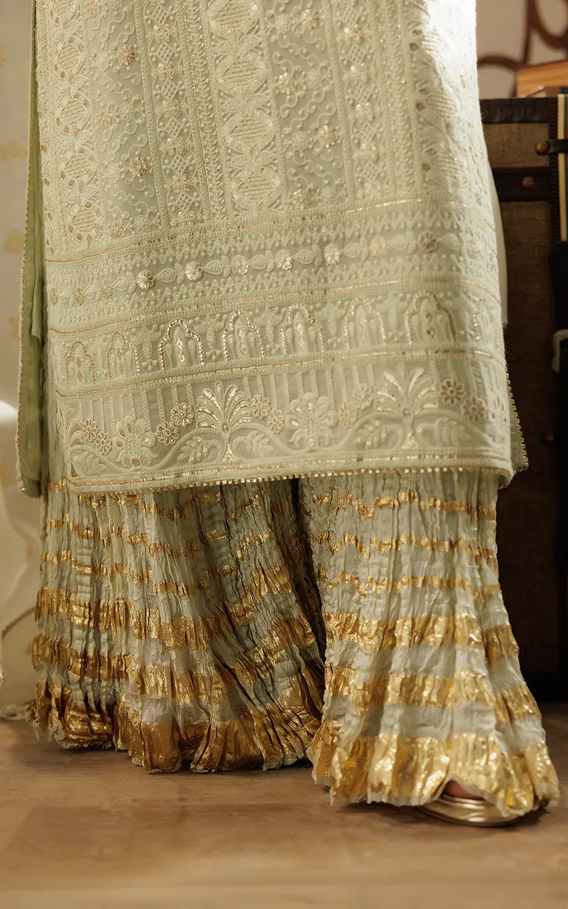 Chiffon Embroidered Shirt with Gharara and Banarsi Dupatta