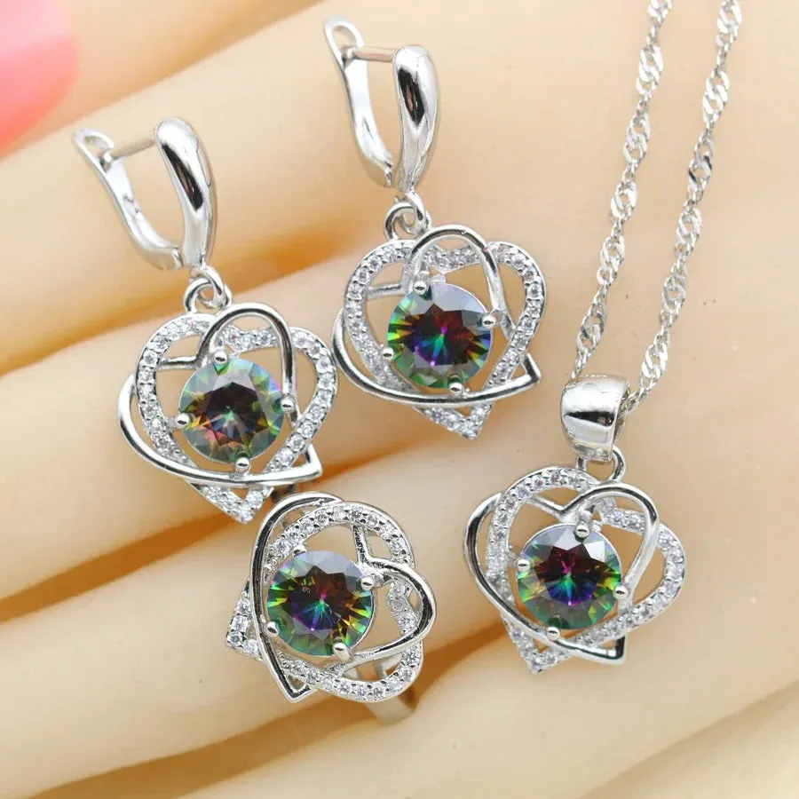 Classic Heart Design Rainbow Zircon Silver 925 Jewelry Sets for Women