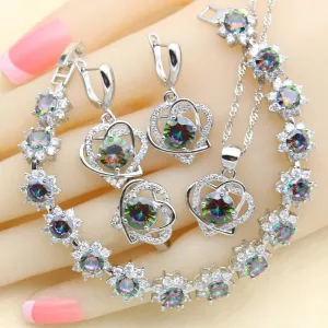 Classic Heart Design Rainbow Zircon Silver 925 Jewelry Sets for Women