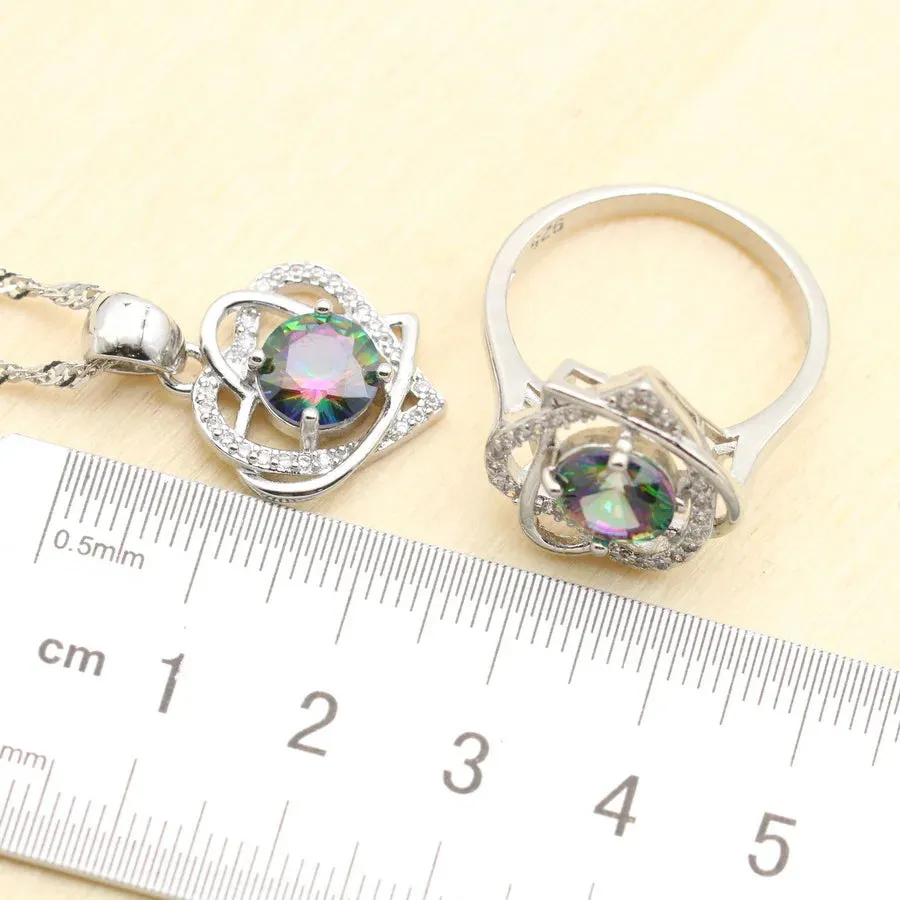 Classic Heart Design Rainbow Zircon Silver 925 Jewelry Sets for Women