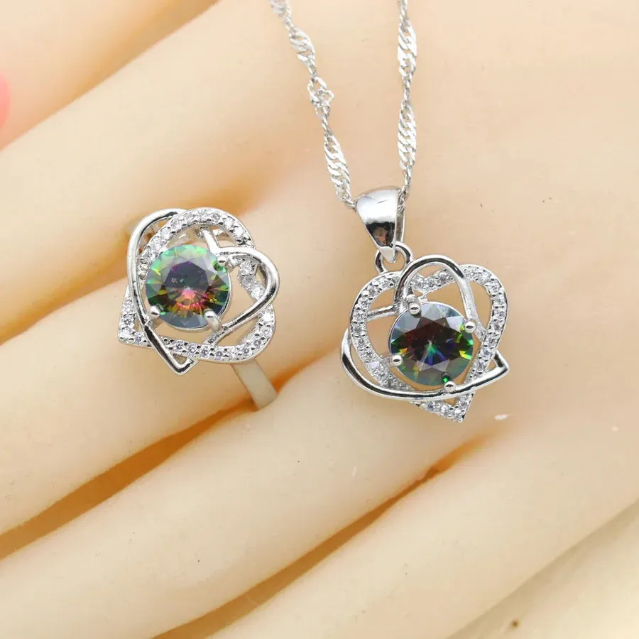 Classic Heart Design Rainbow Zircon Silver 925 Jewelry Sets for Women