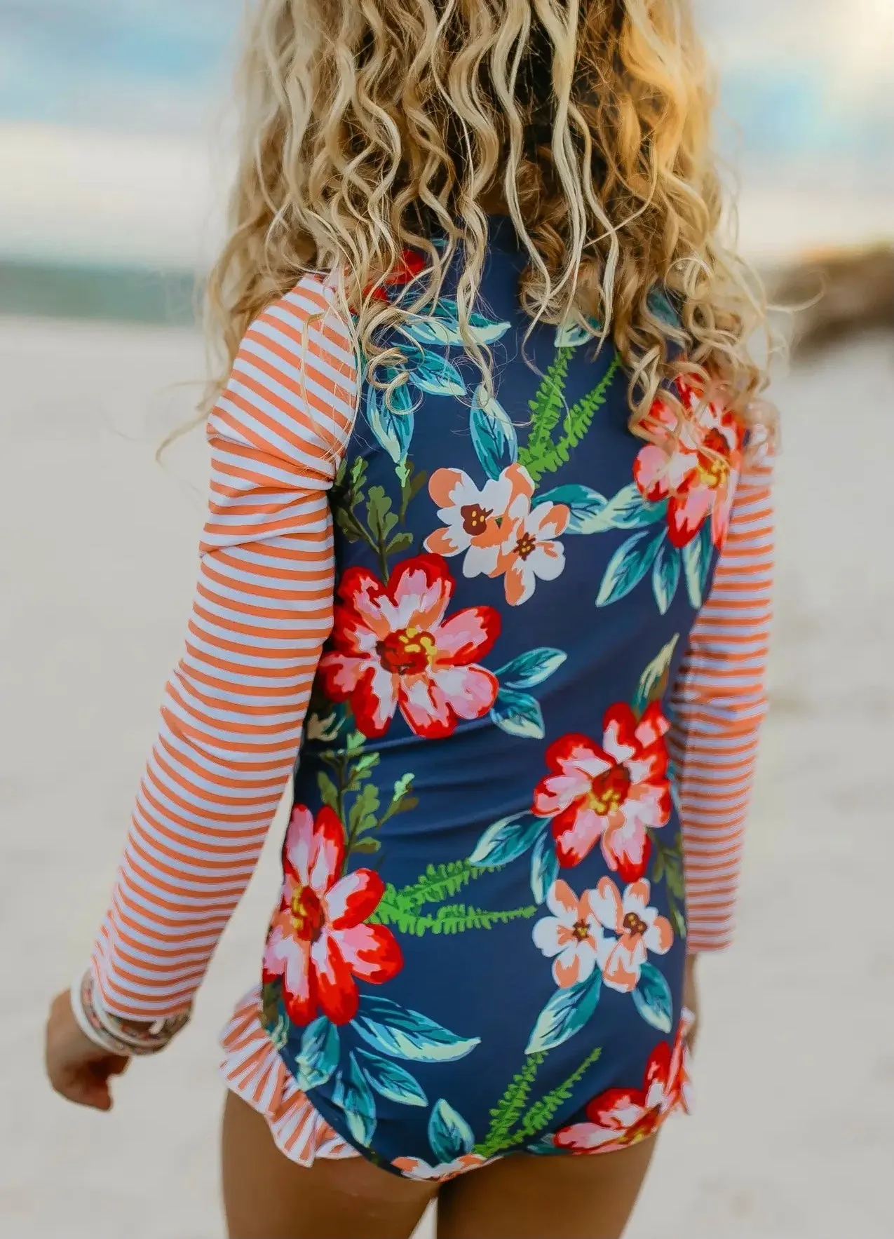 Coral Stripe Zip Rash Guard Swimsuit