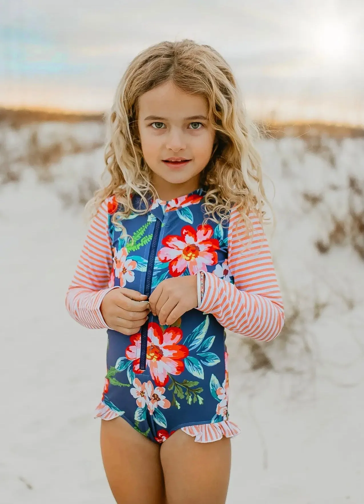 Coral Stripe Zip Rash Guard Swimsuit