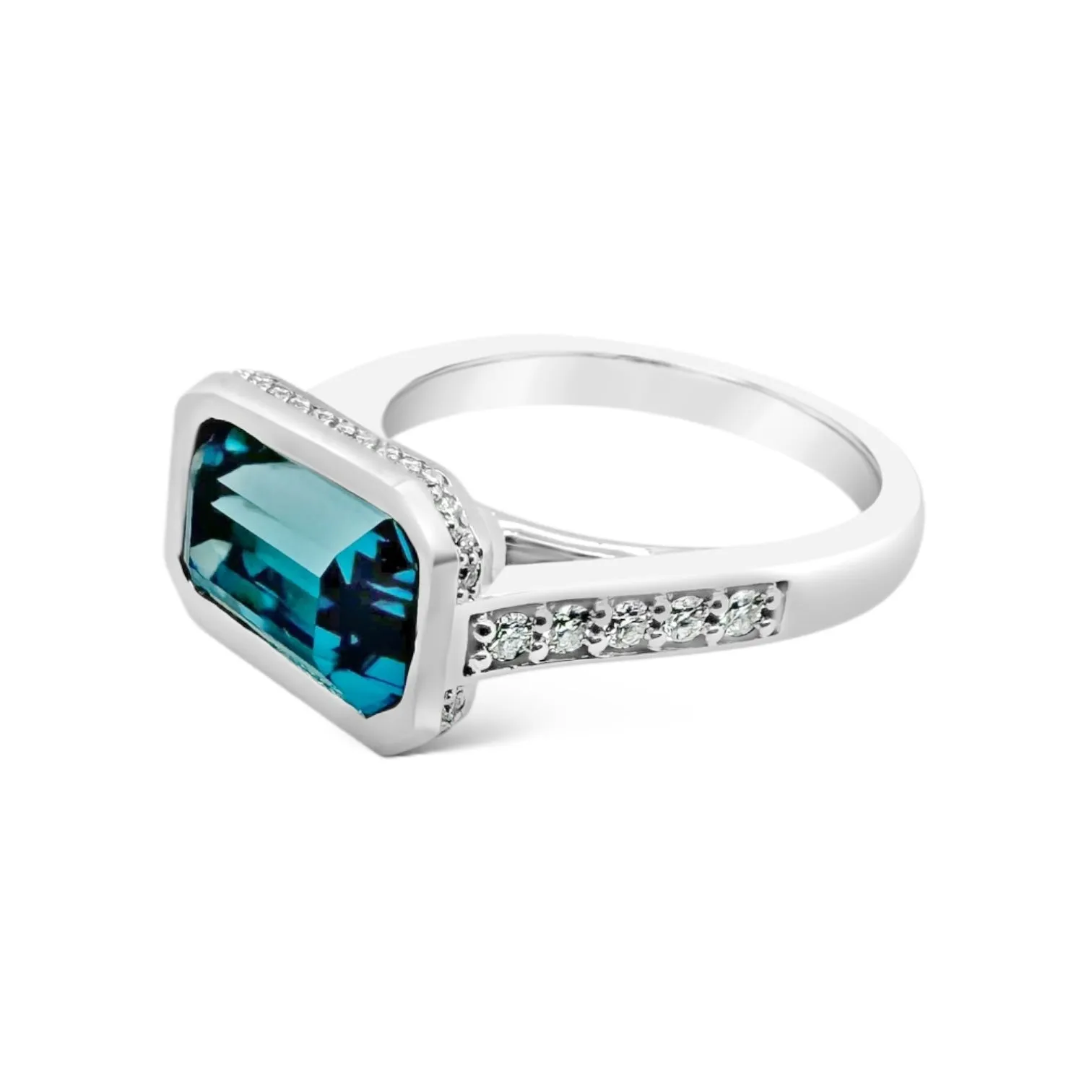 East-West Blue Zircon & Diamond Ring