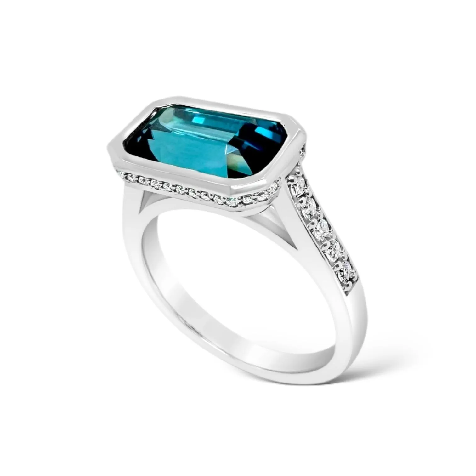 East-West Blue Zircon & Diamond Ring