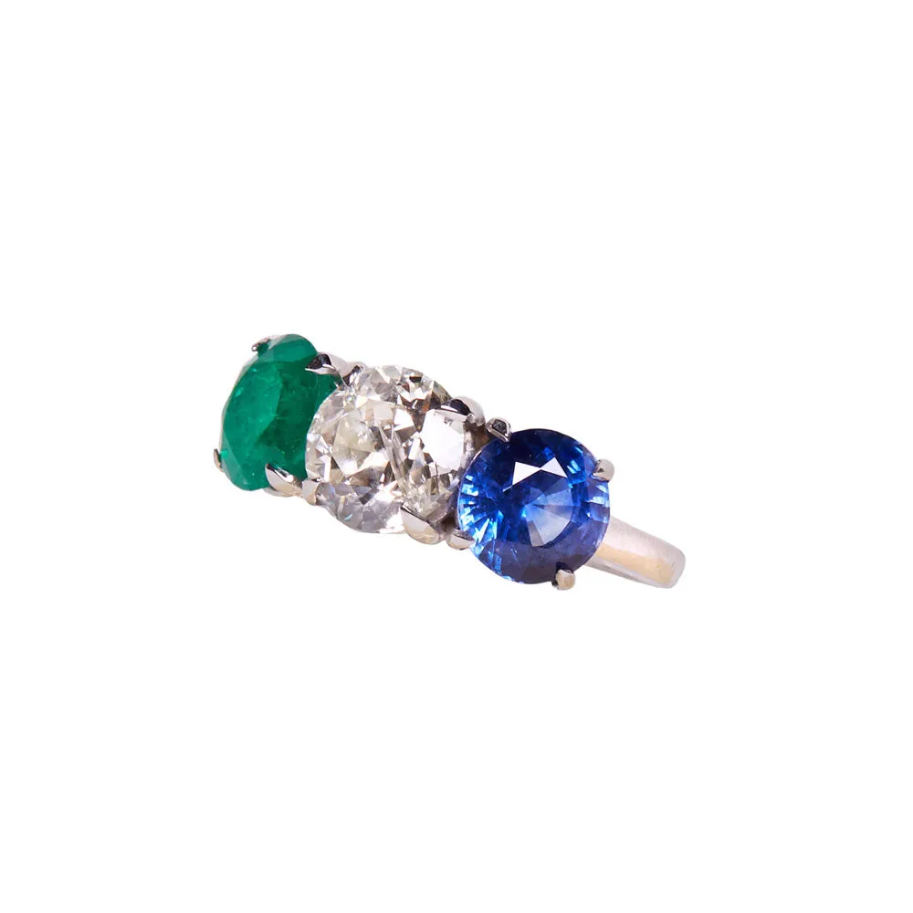 Emerald and Sapphire Diamond Three Stone Ring