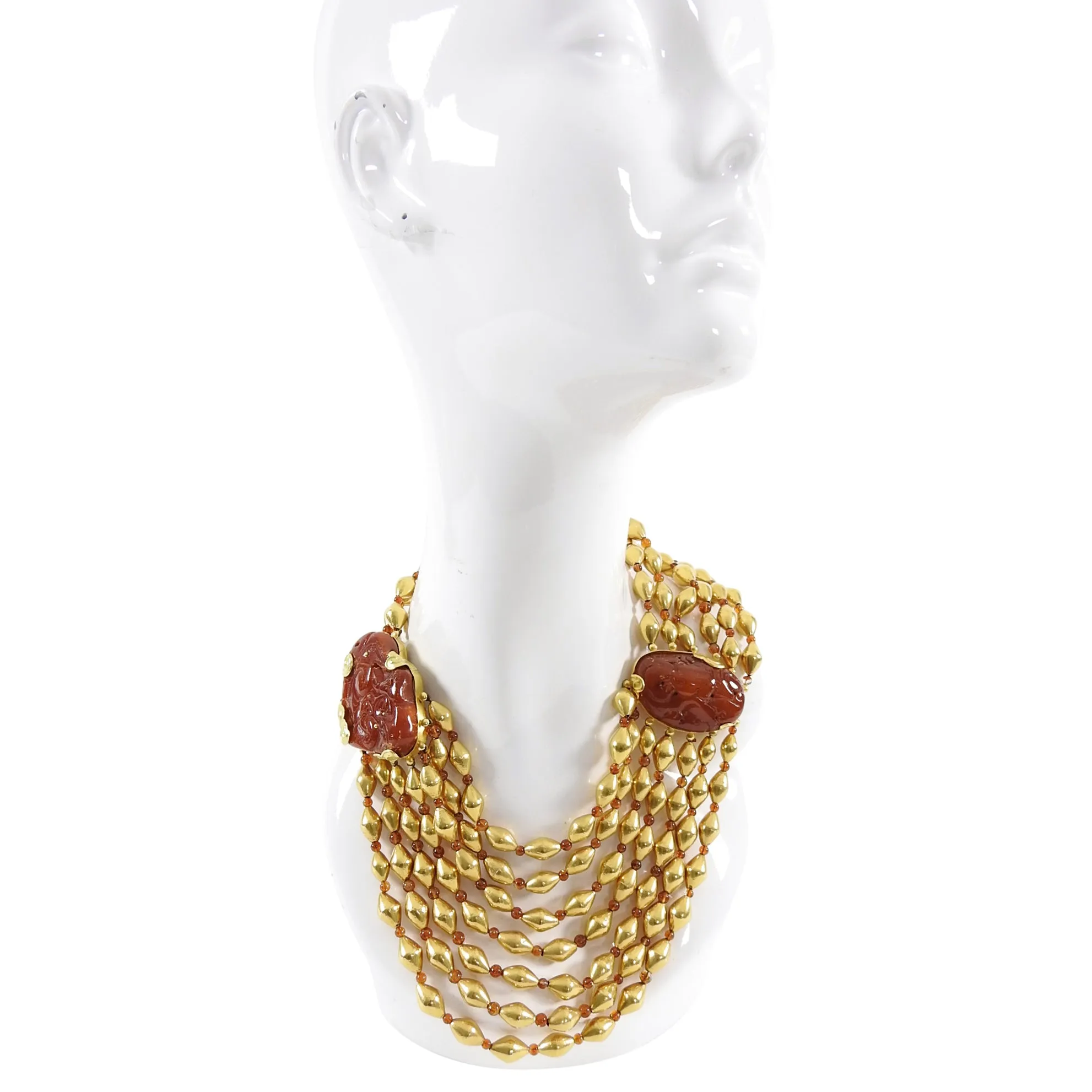 Fred Leighton 22k Gold Asian Carved Amber Multi-Strand Bead Necklace