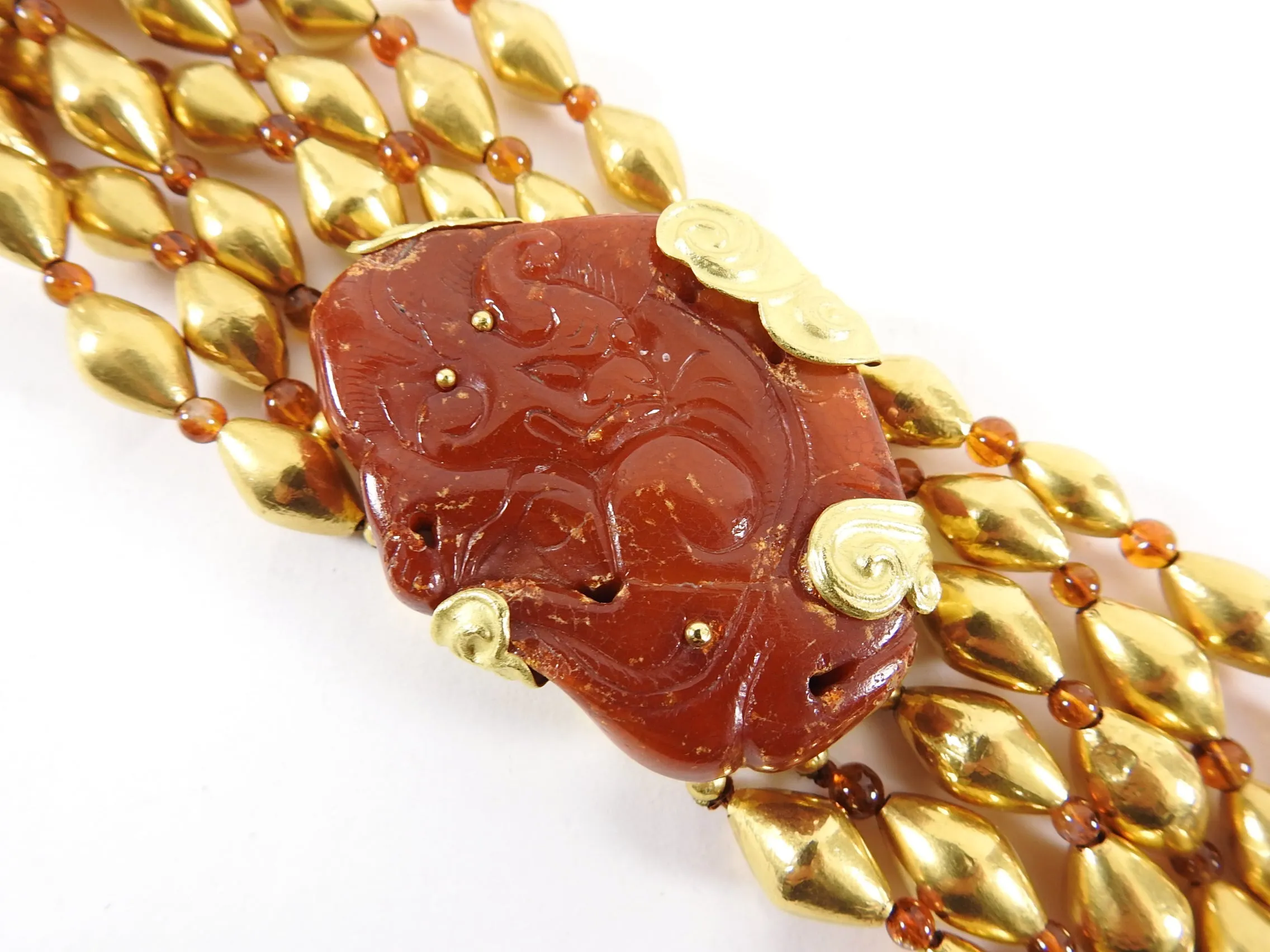 Fred Leighton 22k Gold Asian Carved Amber Multi-Strand Bead Necklace