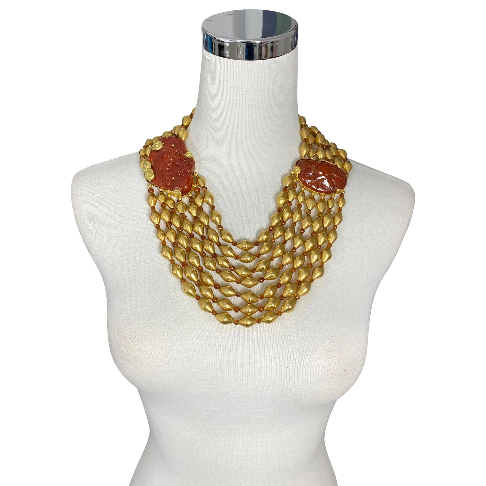 Fred Leighton 22k Gold Asian Carved Amber Multi-Strand Bead Necklace