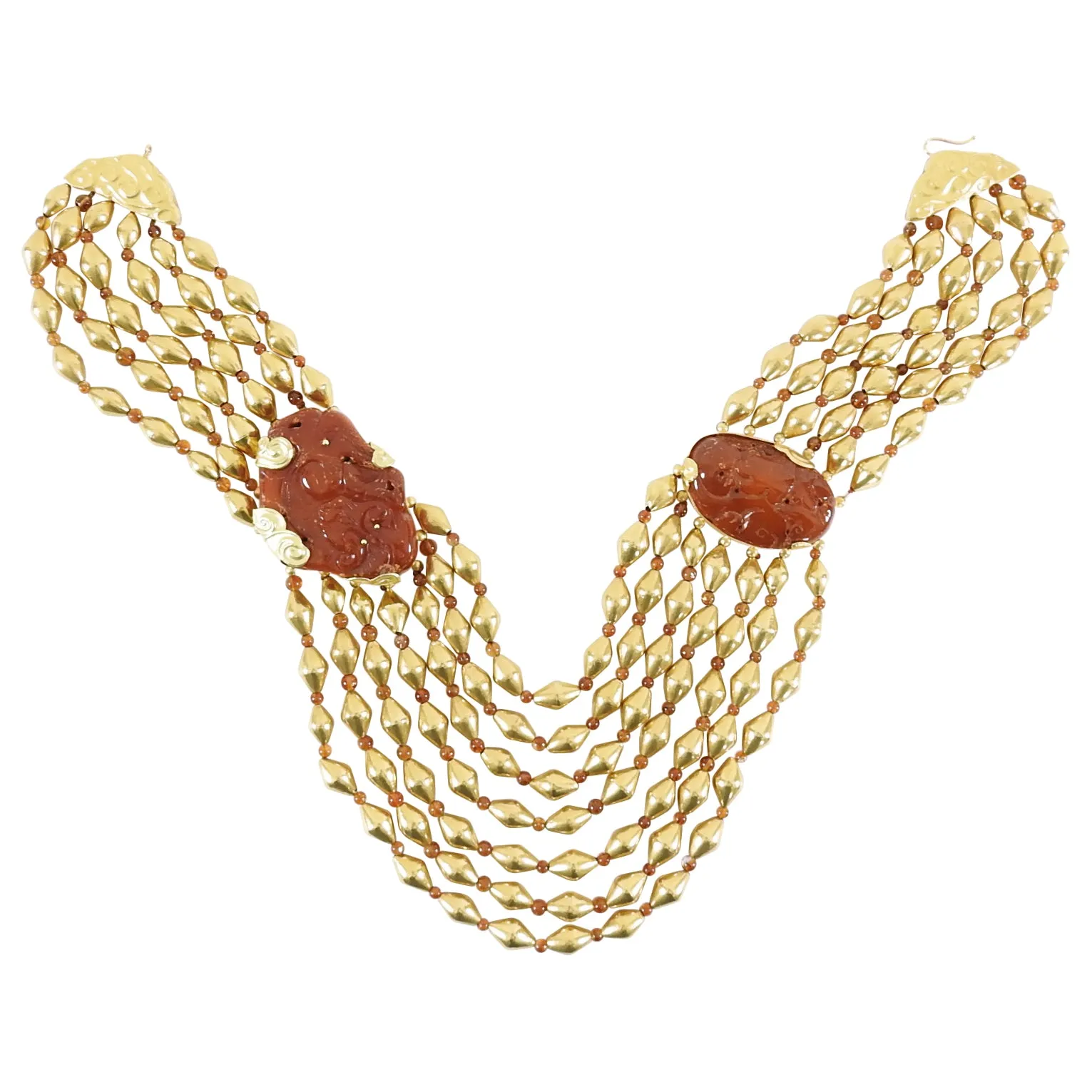 Fred Leighton 22k Gold Asian Carved Amber Multi-Strand Bead Necklace