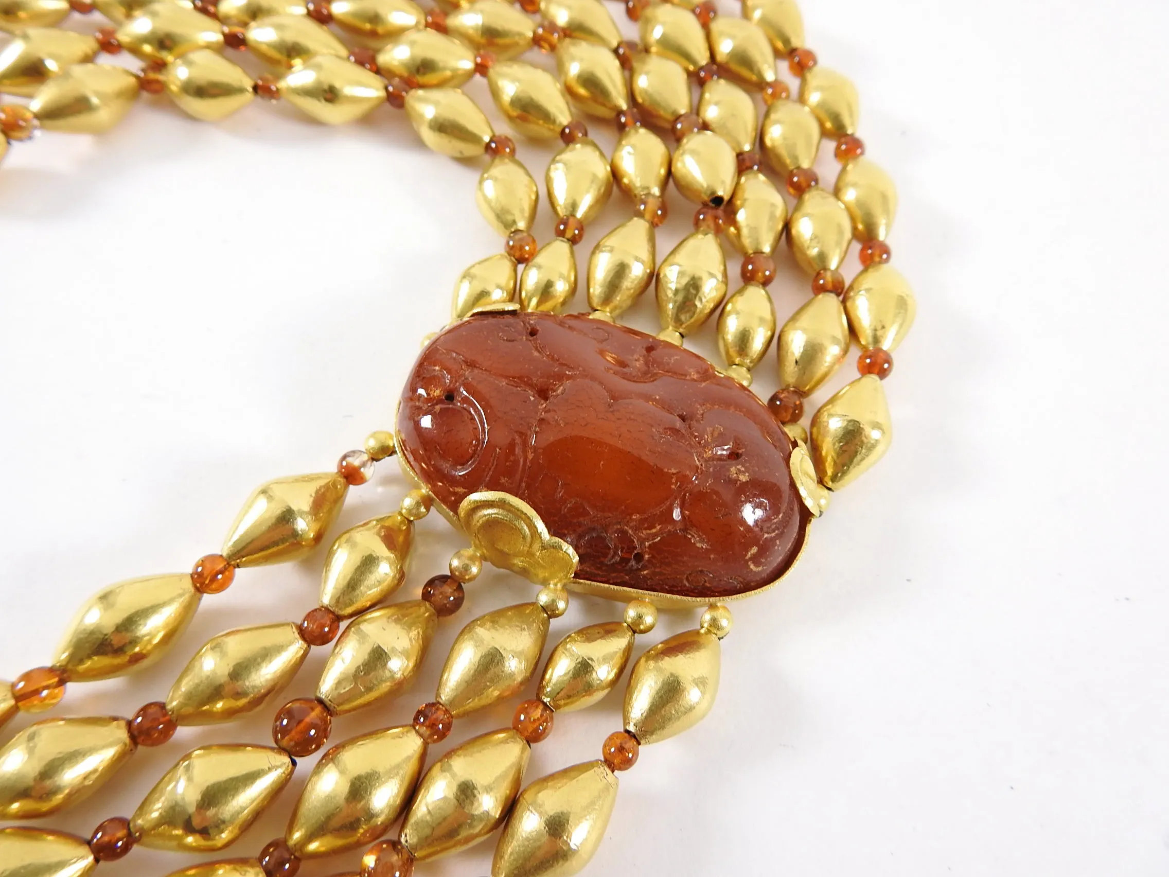 Fred Leighton 22k Gold Asian Carved Amber Multi-Strand Bead Necklace