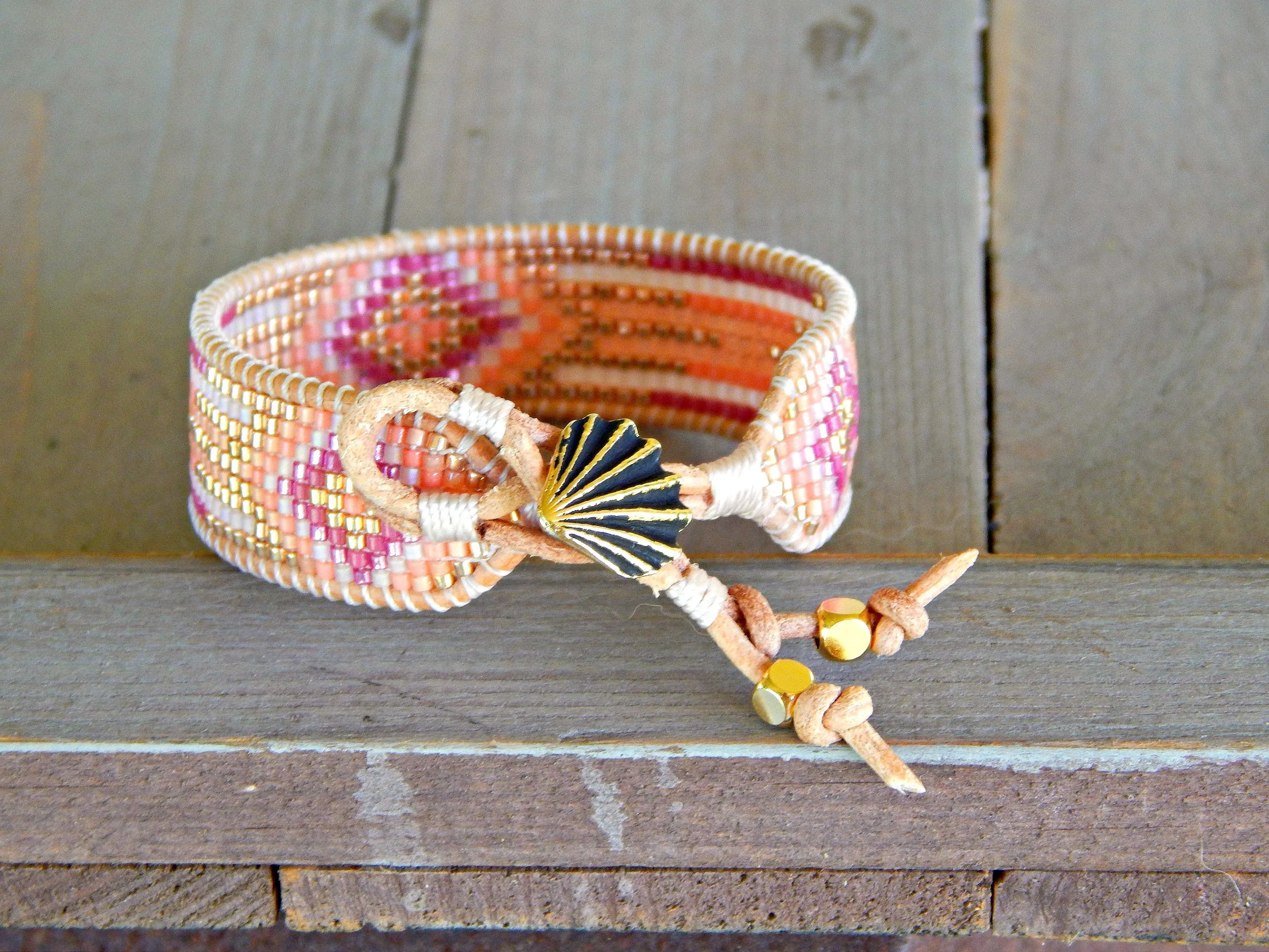 Gold and Pink Starburst Southwester Bead Loom Leather Bracelet