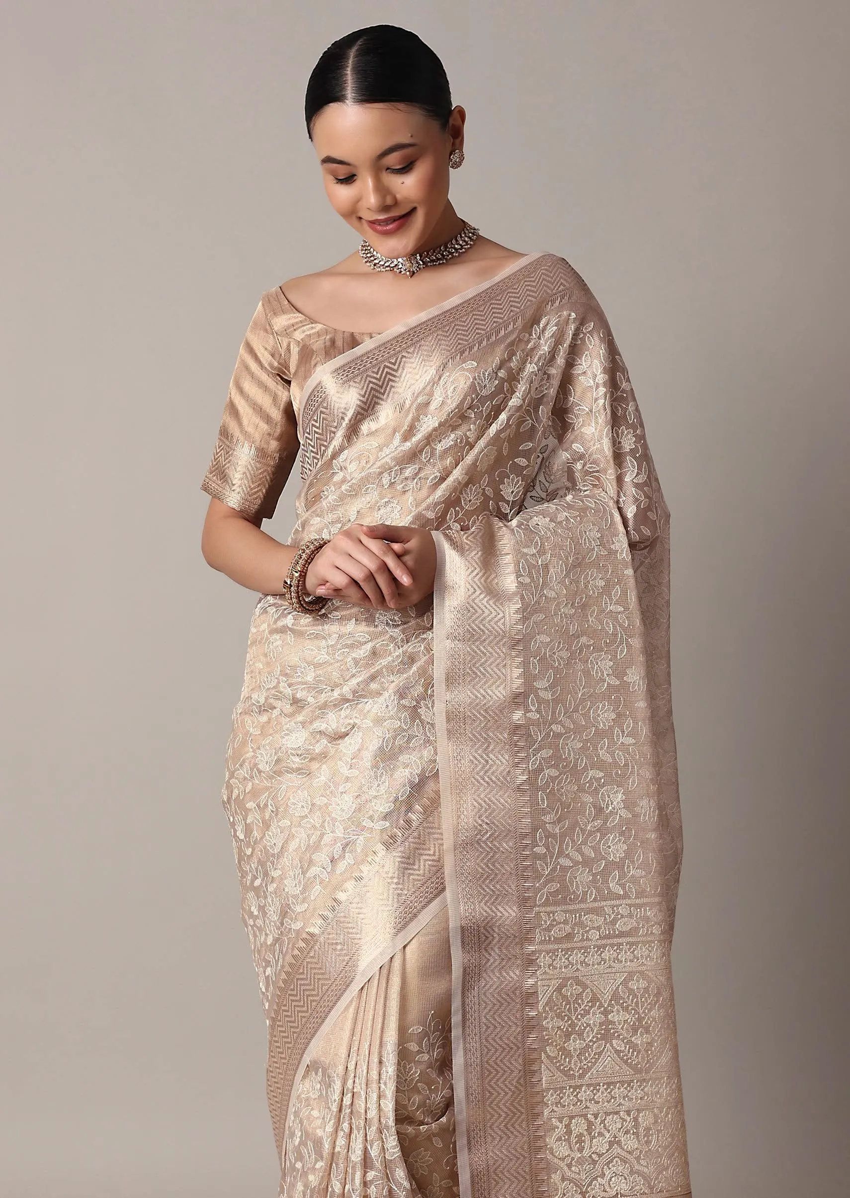 Gold Chanderi Kora Silk Saree With Zari Thread Work And Unstitched Blouse Piece