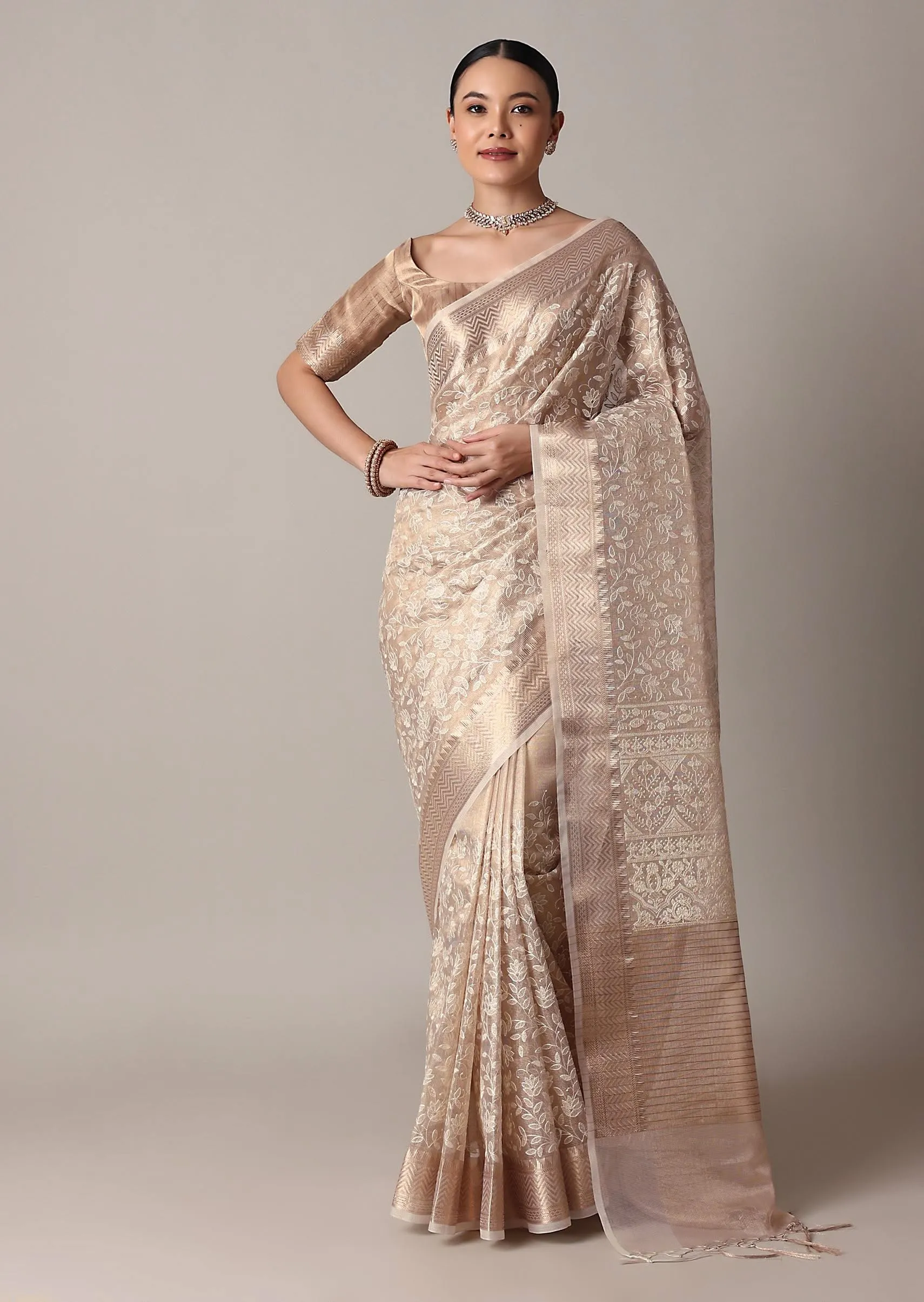 Gold Chanderi Kora Silk Saree With Zari Thread Work And Unstitched Blouse Piece