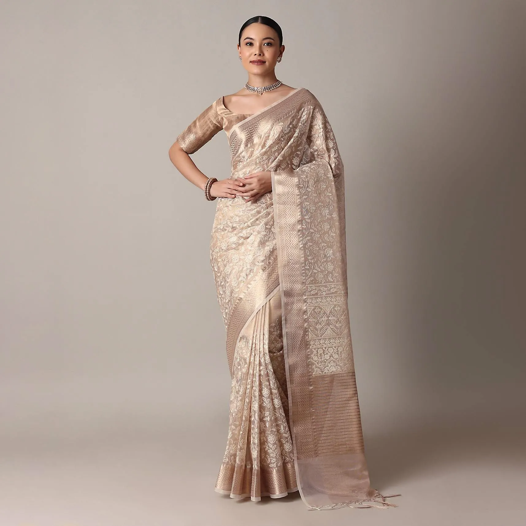 Gold Chanderi Kora Silk Saree With Zari Thread Work And Unstitched Blouse Piece