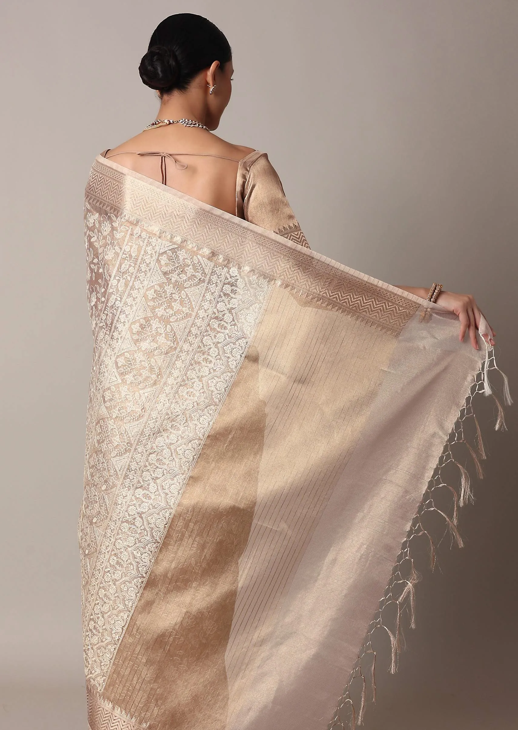 Gold Chanderi Kora Silk Saree With Zari Thread Work And Unstitched Blouse Piece