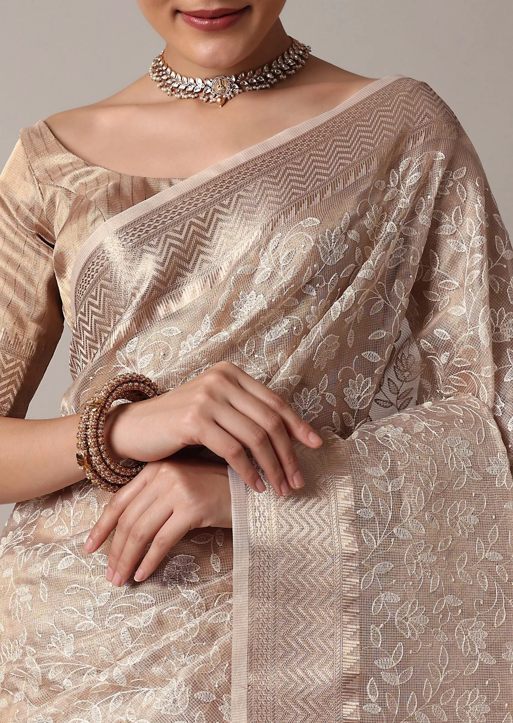 Gold Chanderi Kora Silk Saree With Zari Thread Work And Unstitched Blouse Piece
