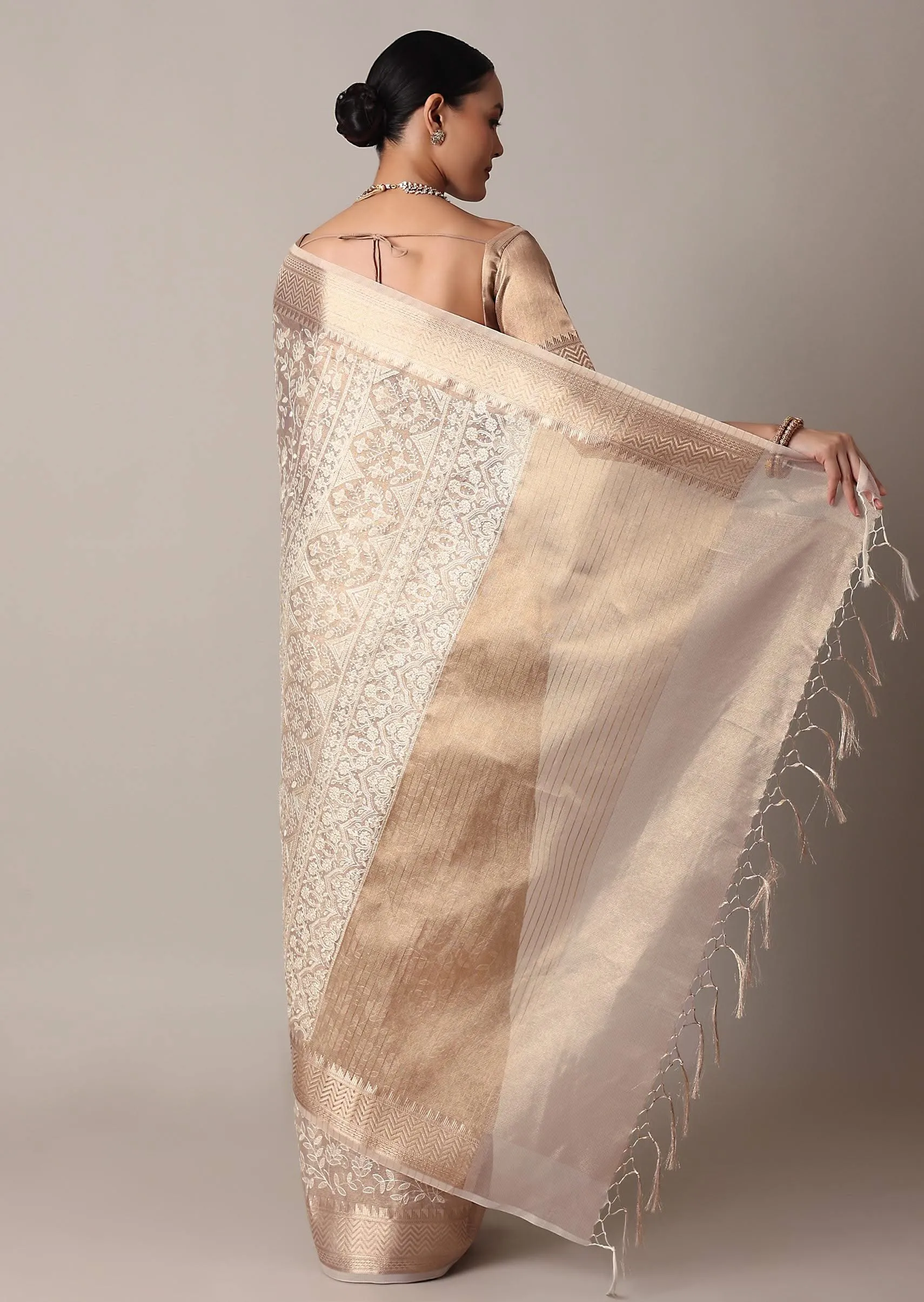Gold Chanderi Kora Silk Saree With Zari Thread Work And Unstitched Blouse Piece