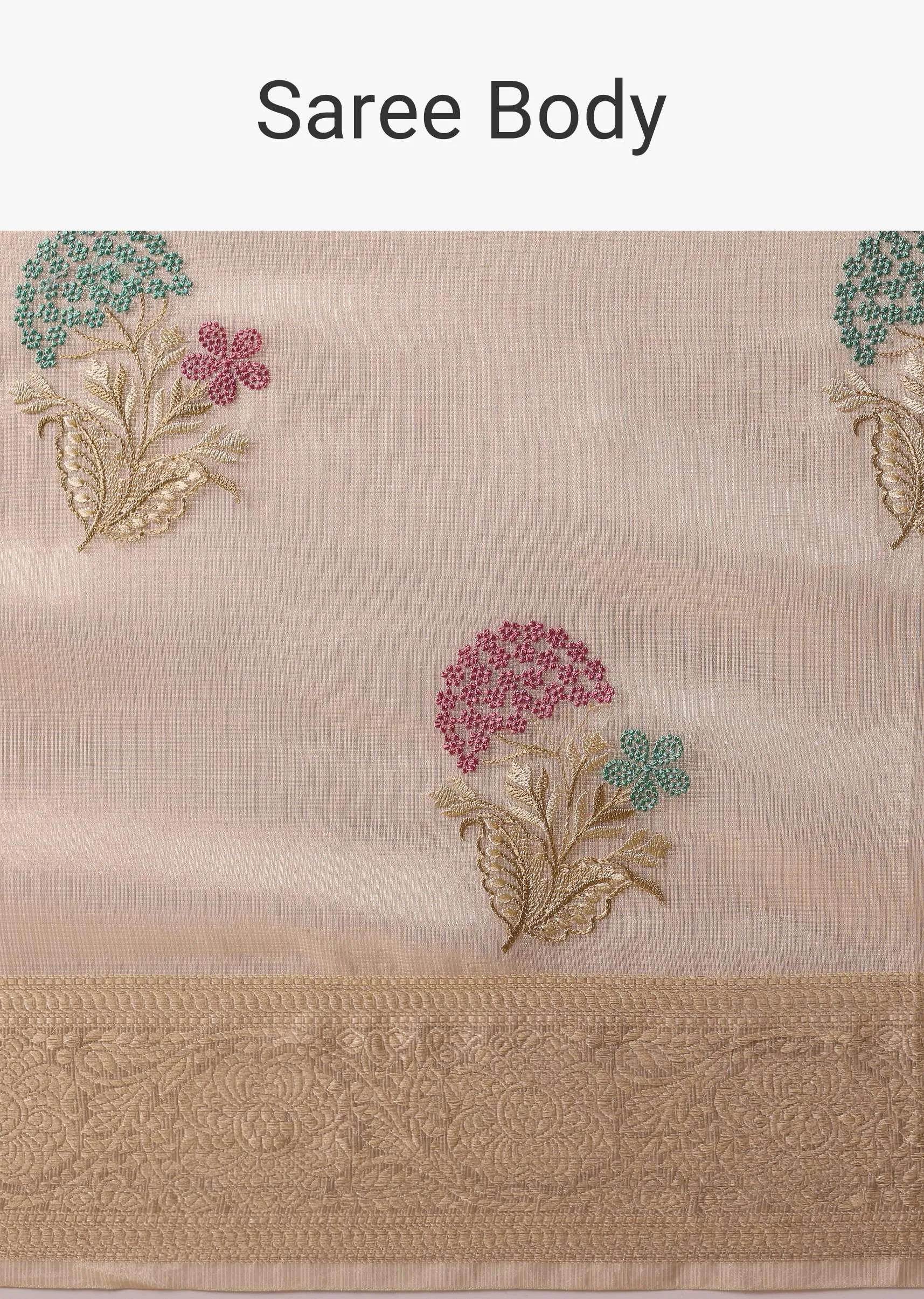 Gold Kora Silk Chanderi Saree With Resham Thread Motifs And Unstitched Blouse Piece