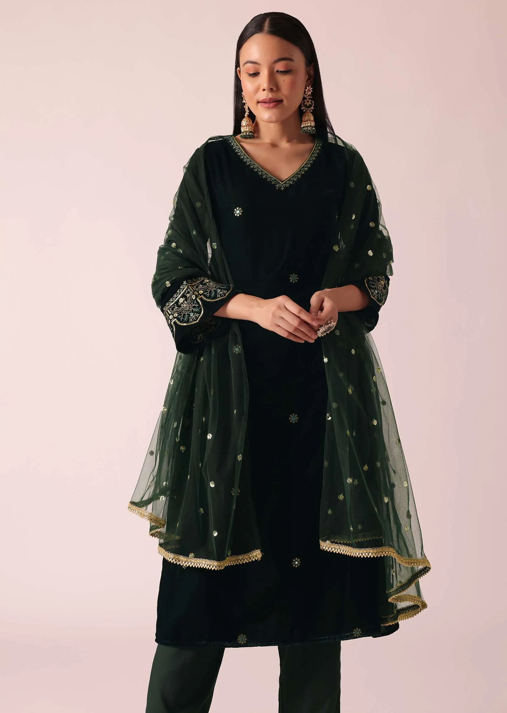 Green Embellished Velvet Kurta Set