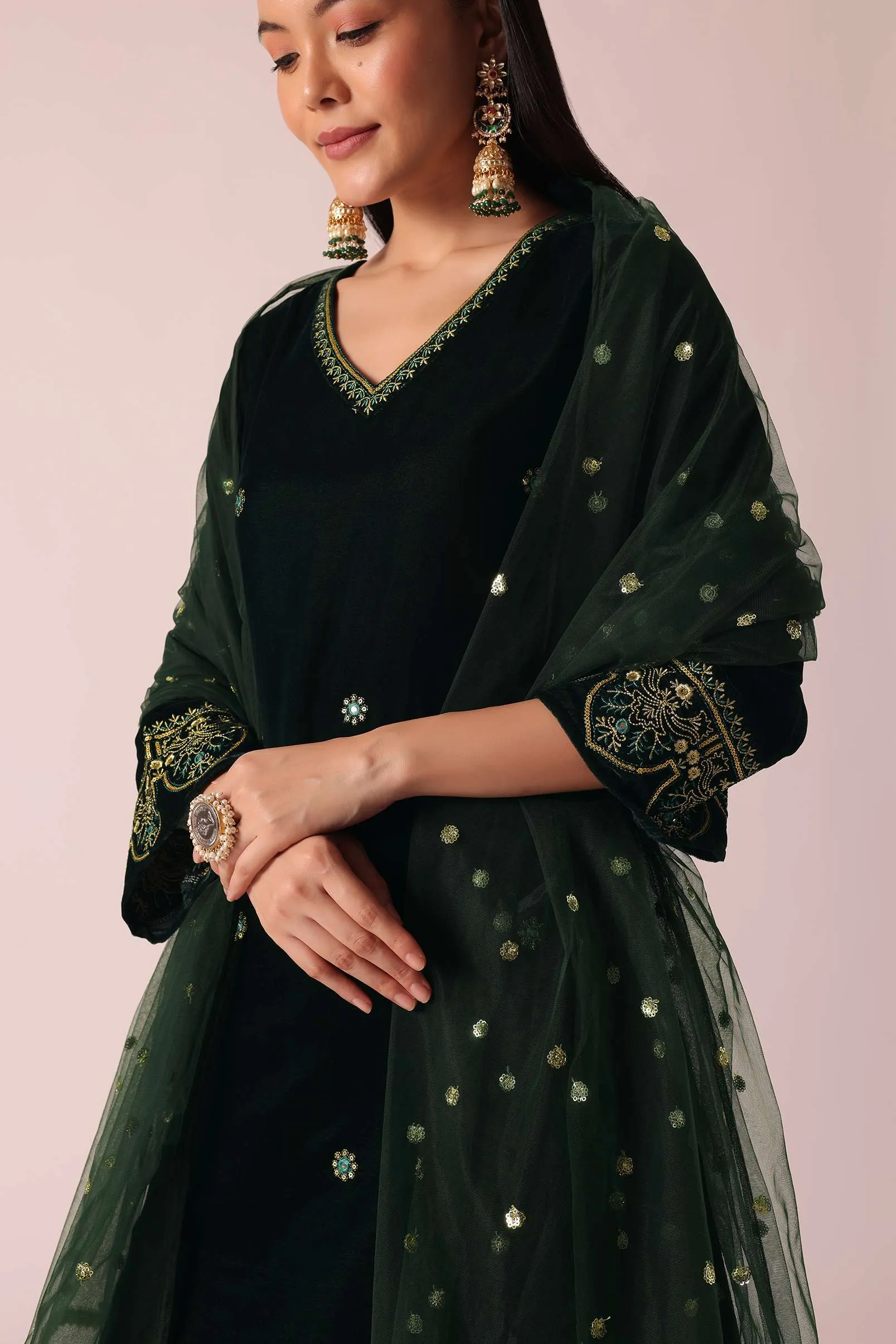 Green Embellished Velvet Kurta Set