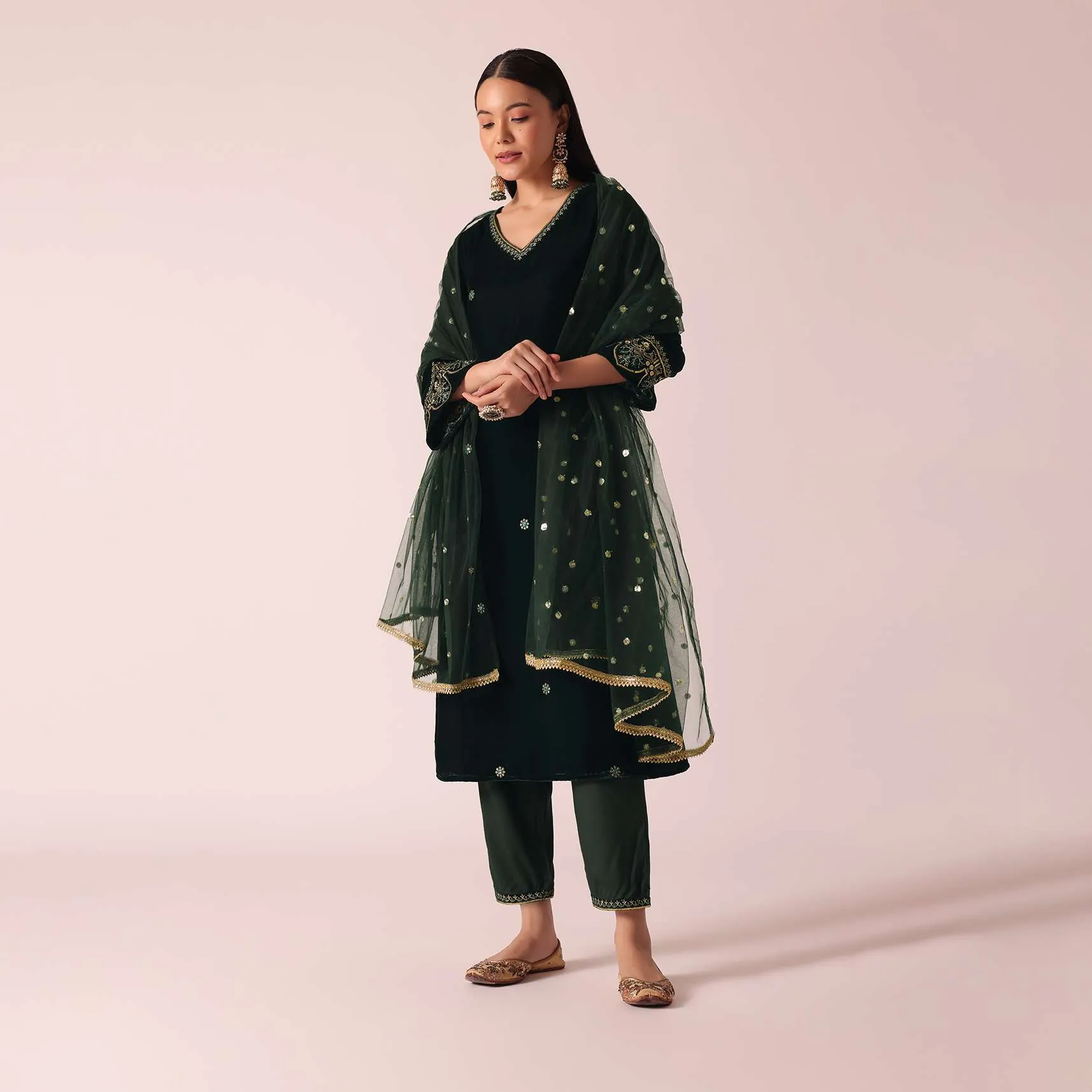Green Embellished Velvet Kurta Set