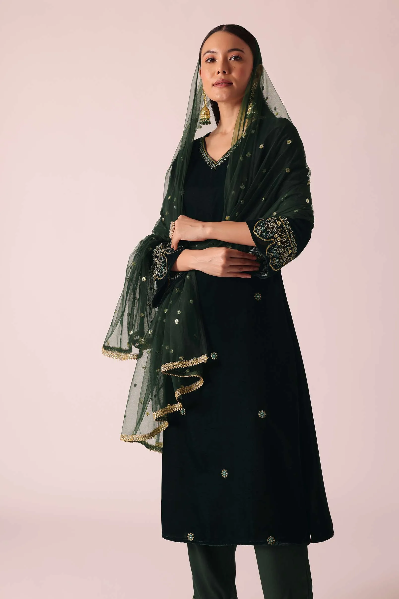 Green Embellished Velvet Kurta Set