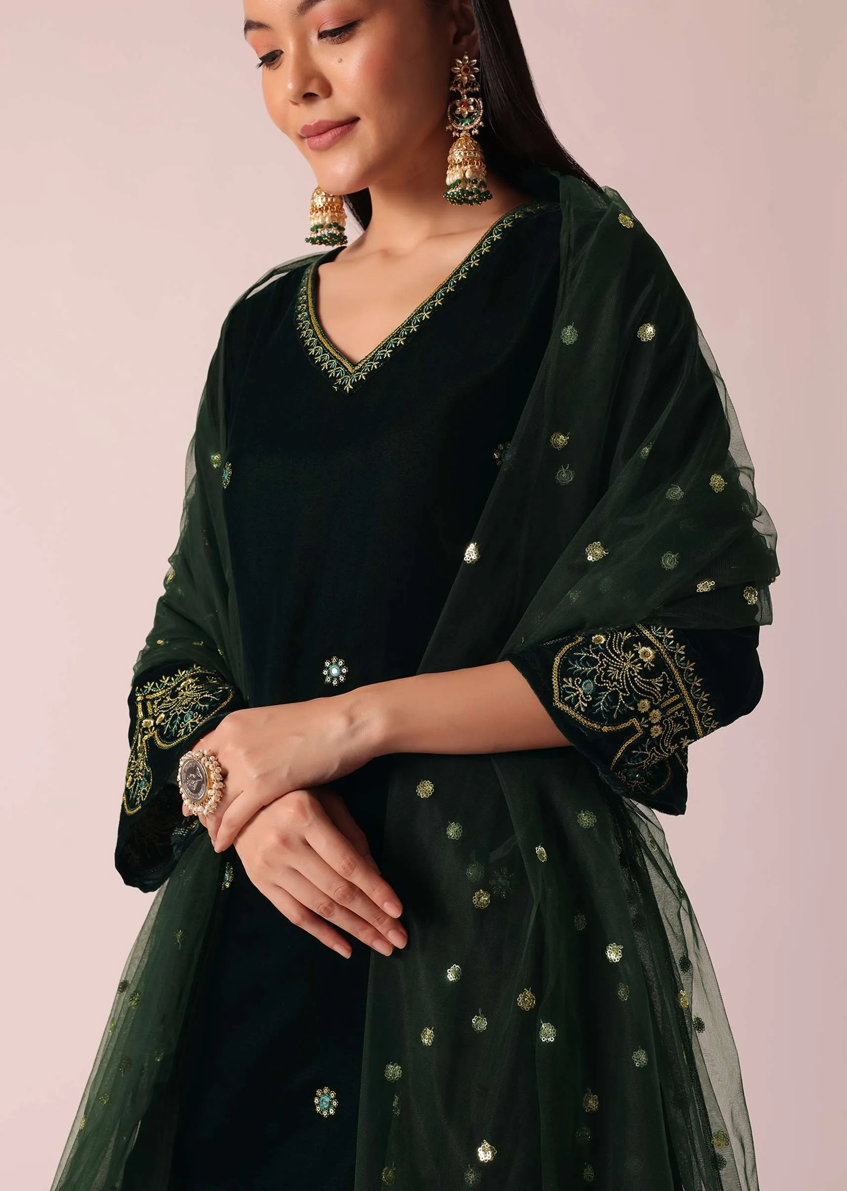 Green Embellished Velvet Kurta Set
