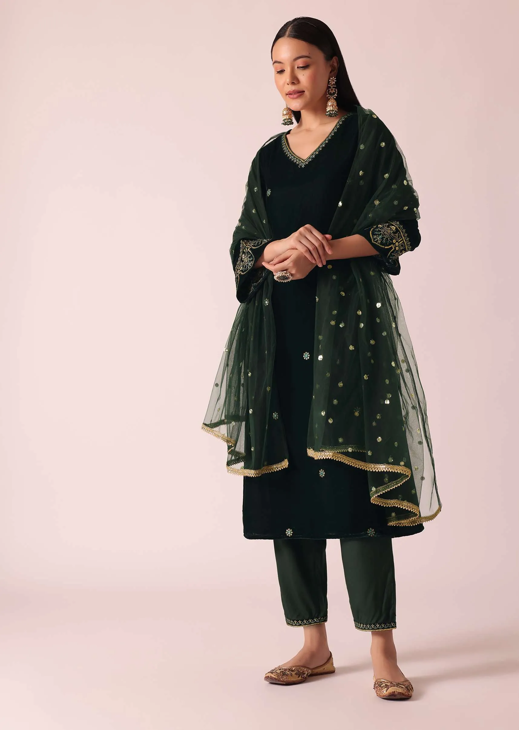 Green Embellished Velvet Kurta Set