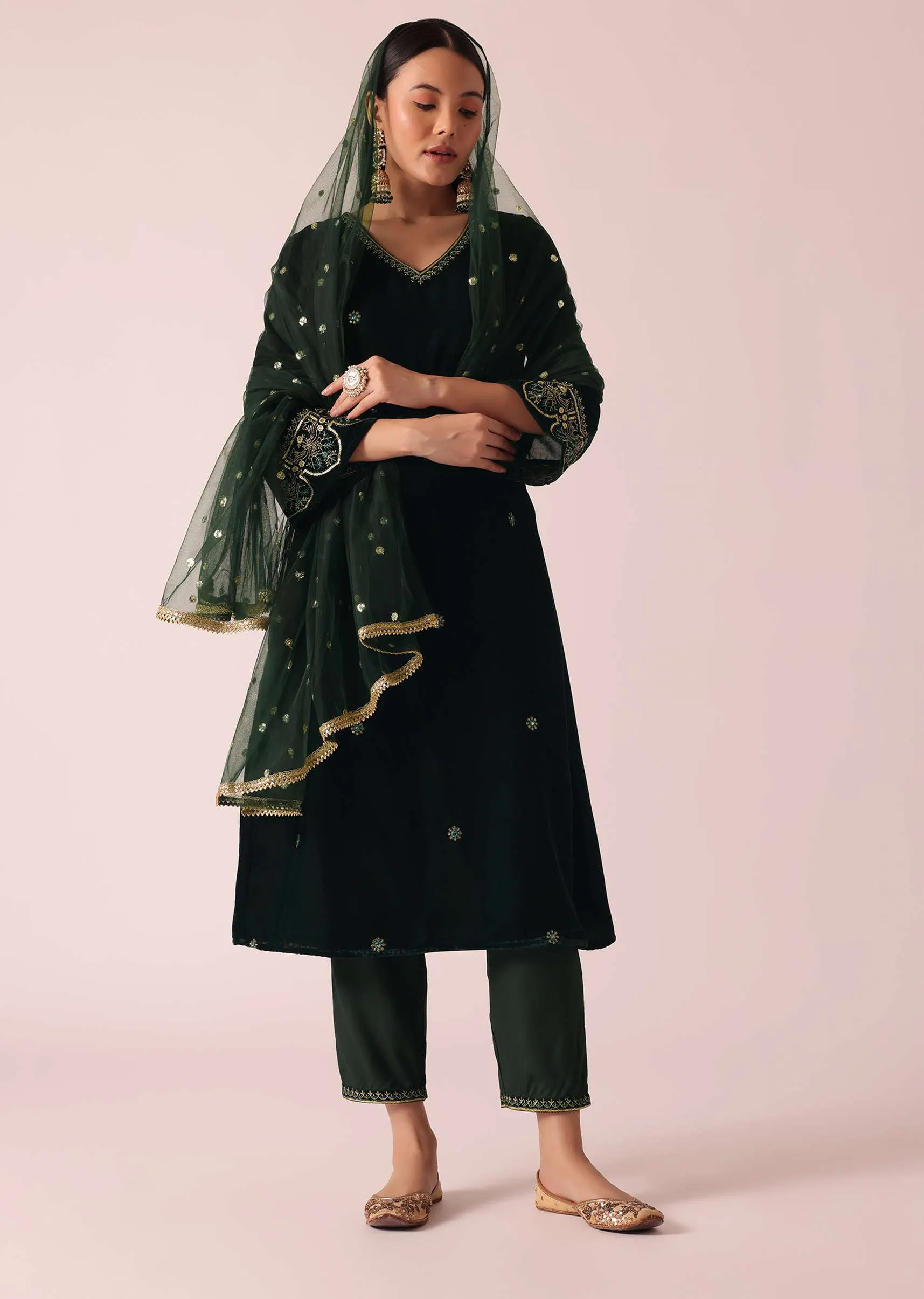 Green Embellished Velvet Kurta Set