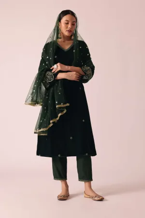 Green Embellished Velvet Kurta Set