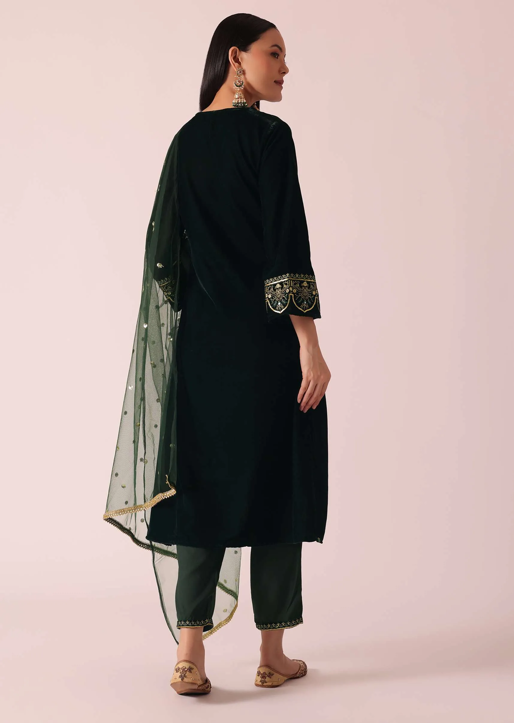 Green Embellished Velvet Kurta Set