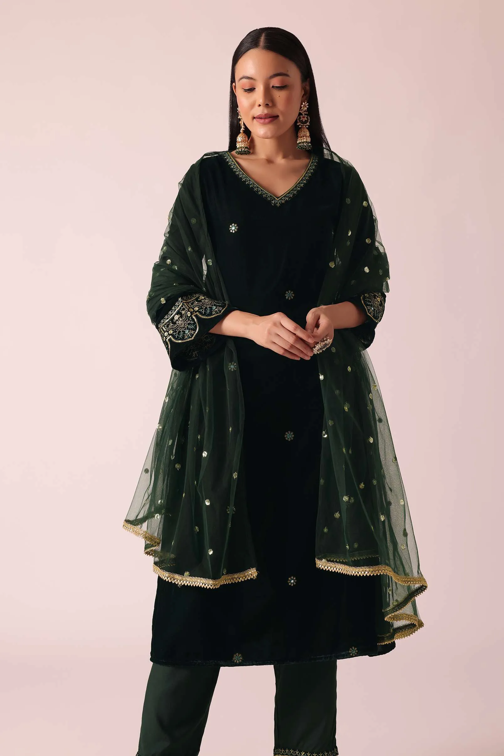 Green Embellished Velvet Kurta Set
