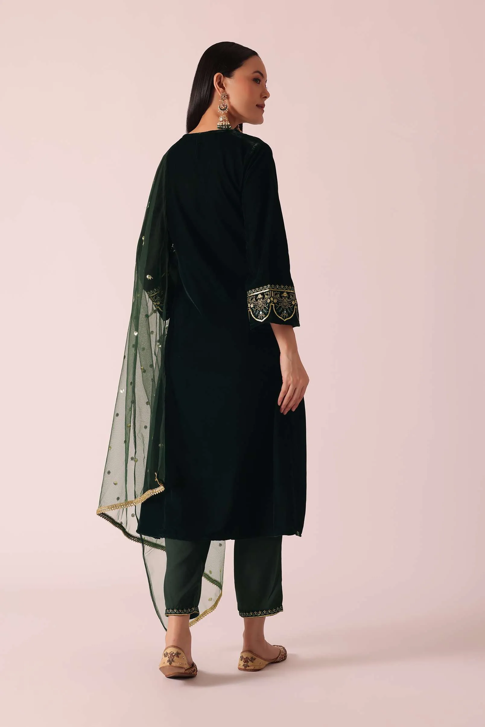 Green Embellished Velvet Kurta Set