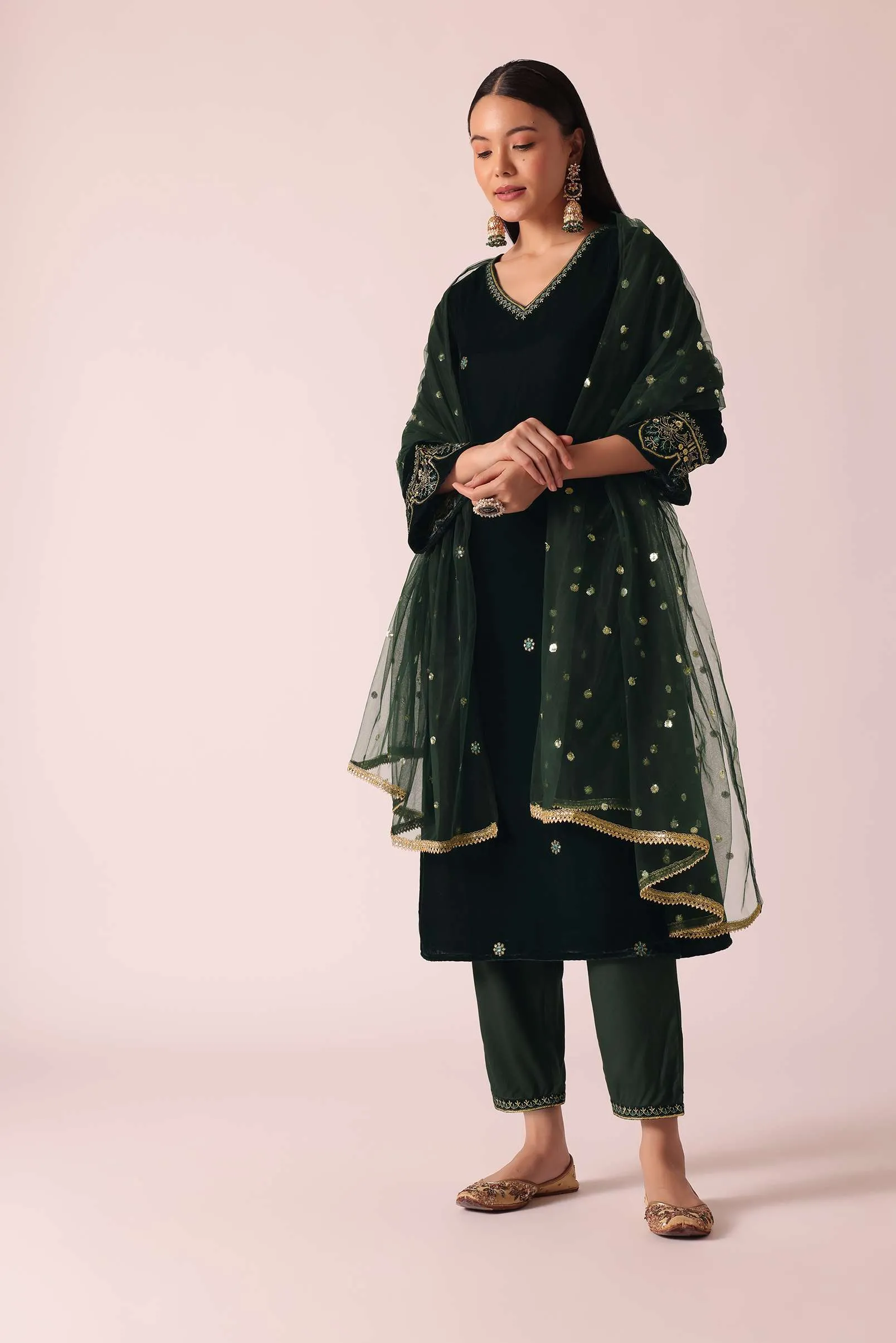 Green Embellished Velvet Kurta Set