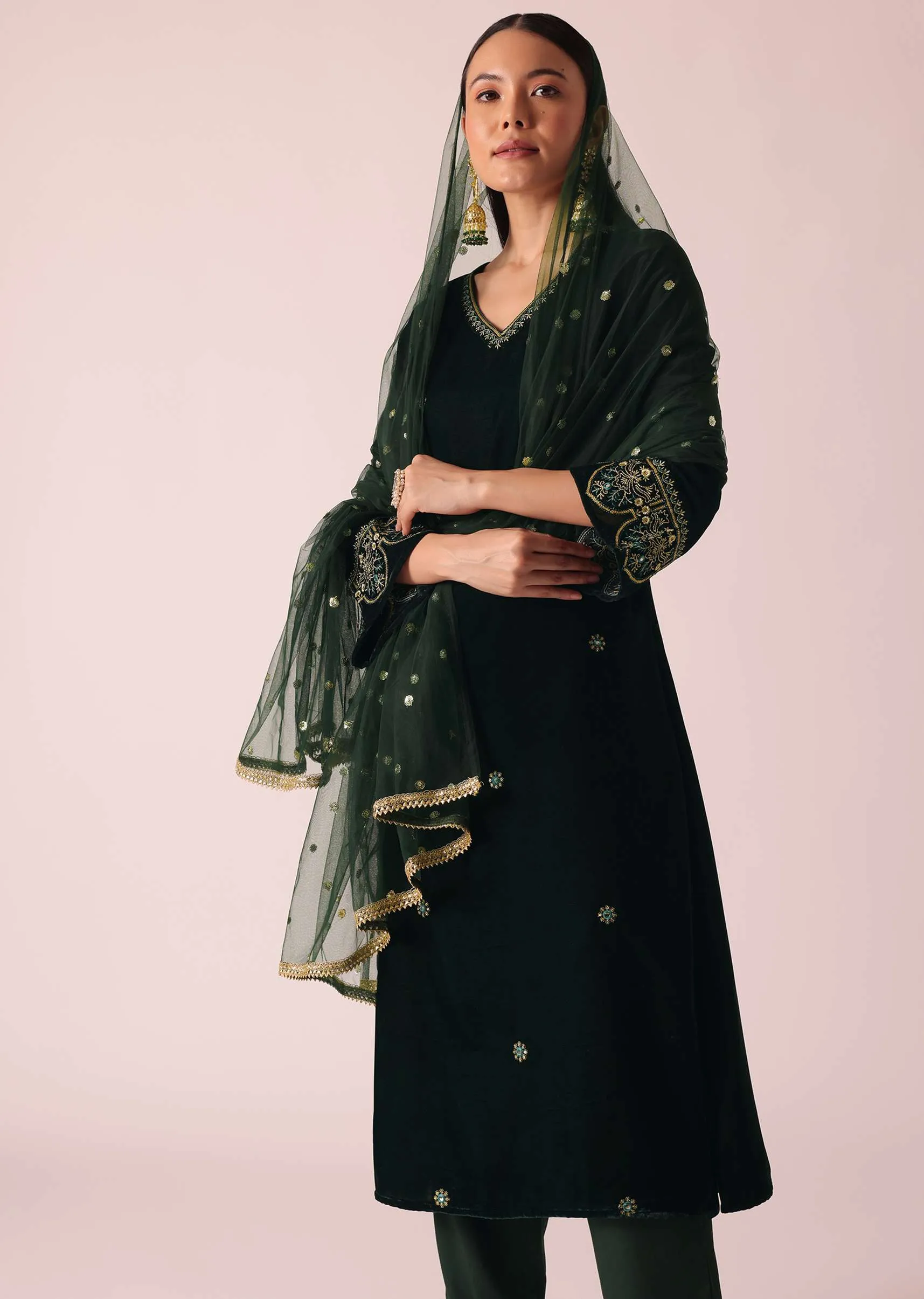 Green Embellished Velvet Kurta Set