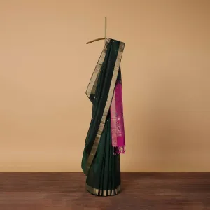 Green Silk Woven Saree With Contrast Pallu And Unstitched Blouse Piece