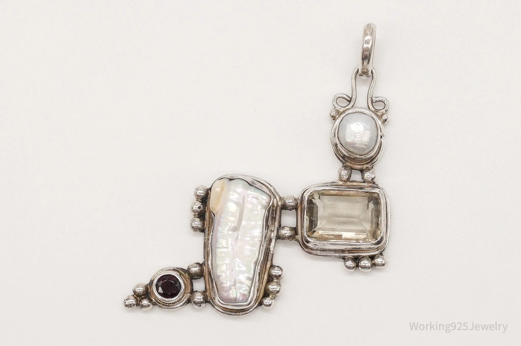 Large Vintage Pearl Citrine Garnet Sterling Silver Pendant