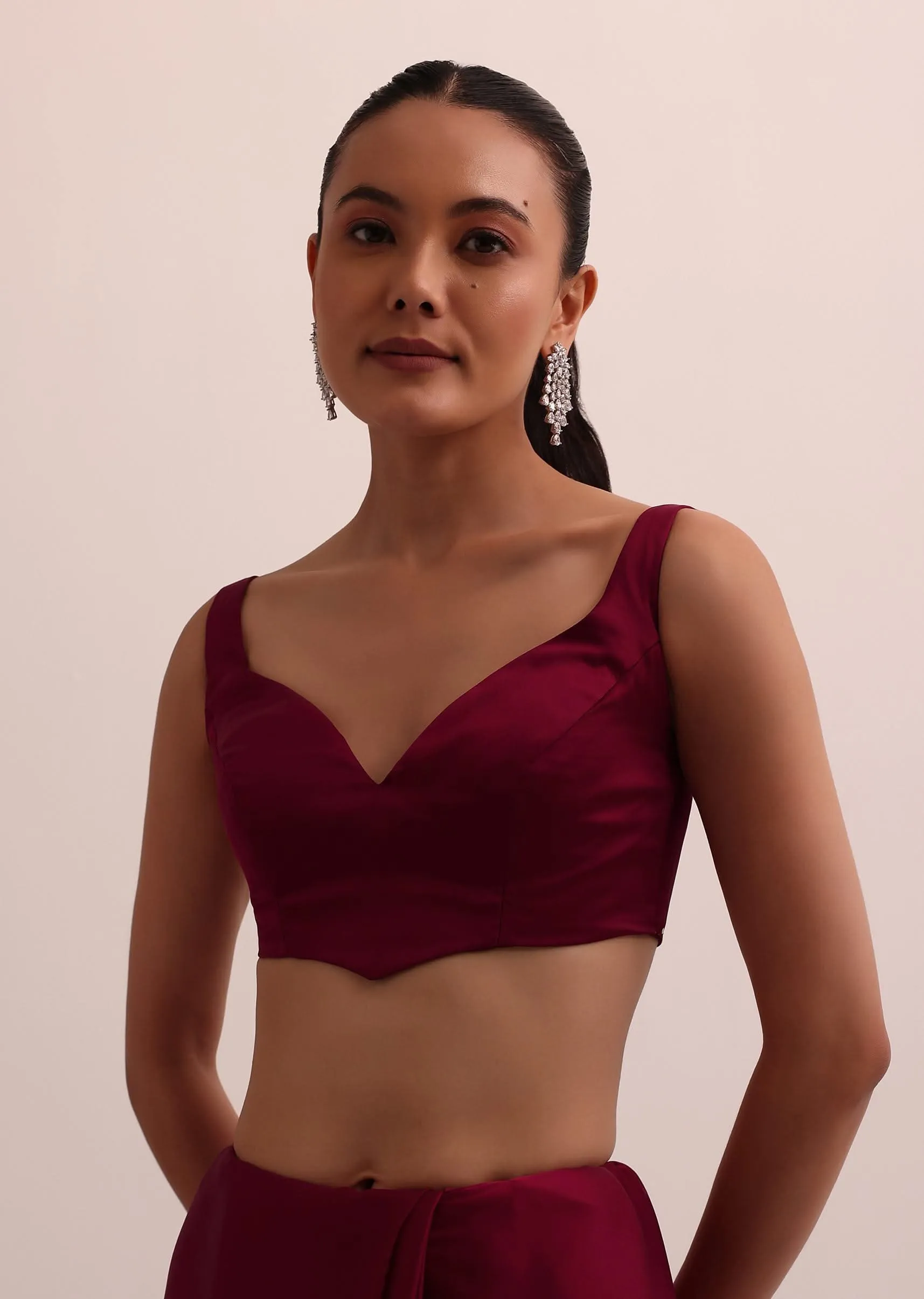 Maroon Satin Saree With Bead Work With Unstitched Blouse