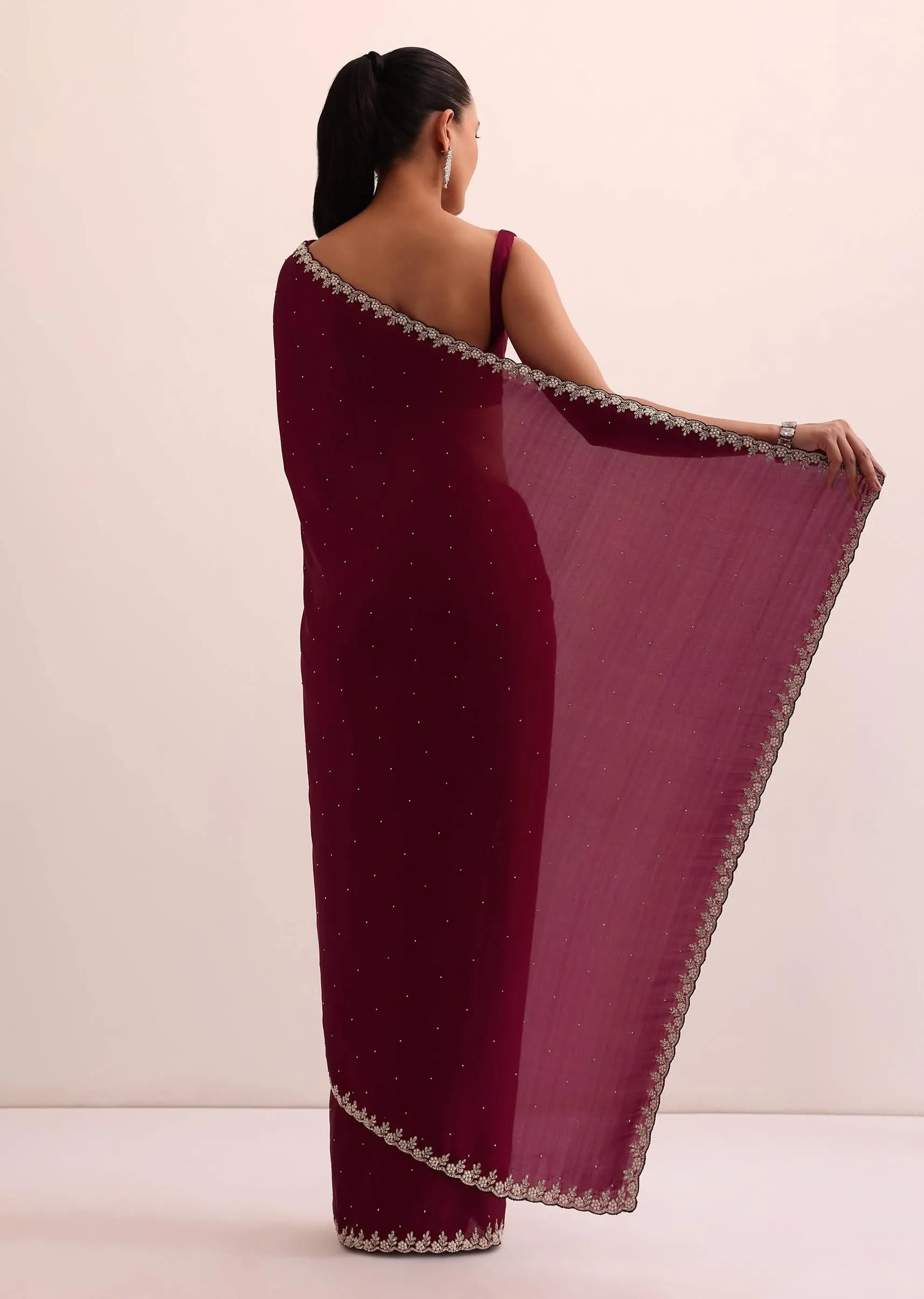 Maroon Satin Saree With Bead Work With Unstitched Blouse