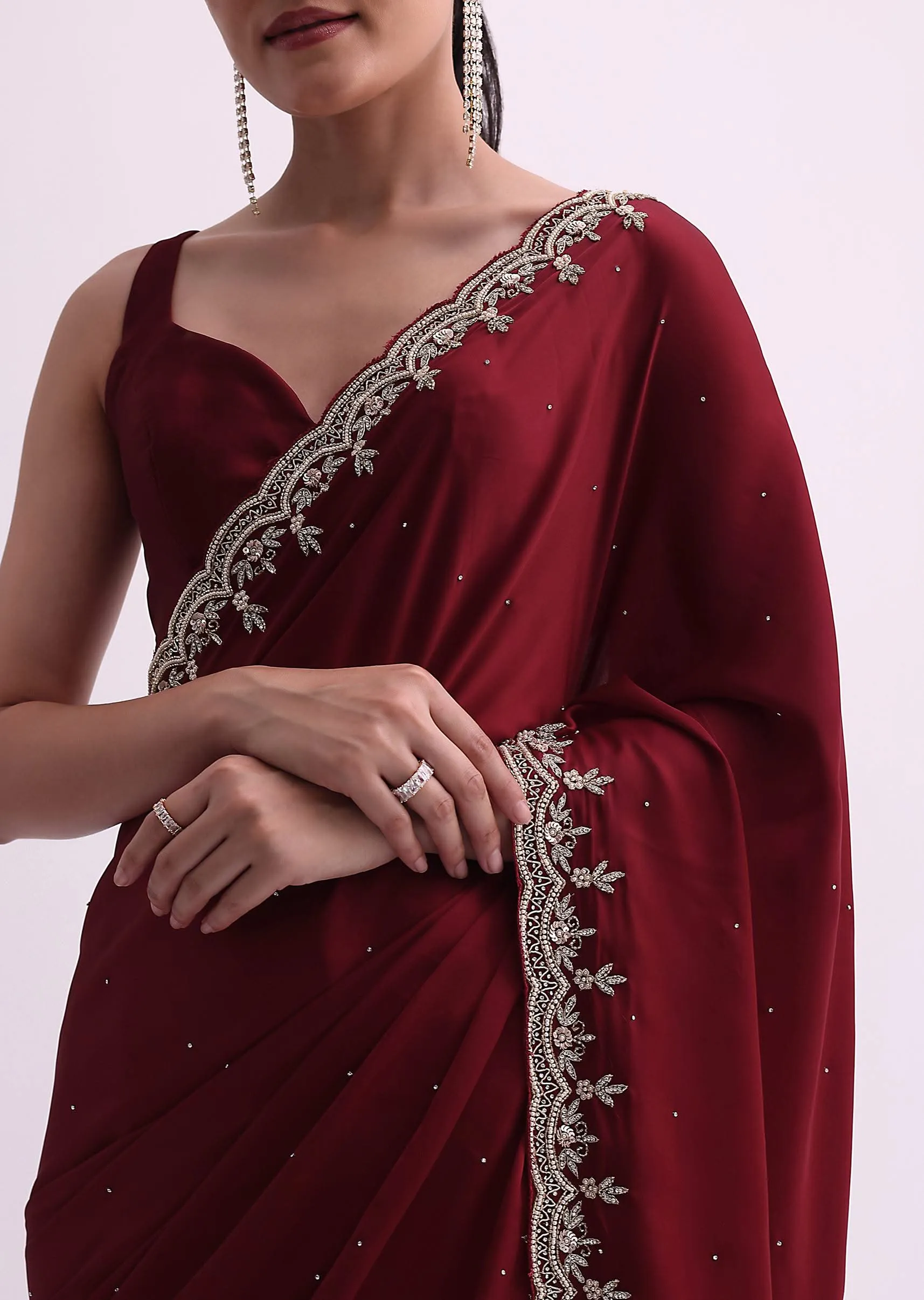 Maroon Satin Saree With Cutdana Border And Unstitched Blouse Fabric