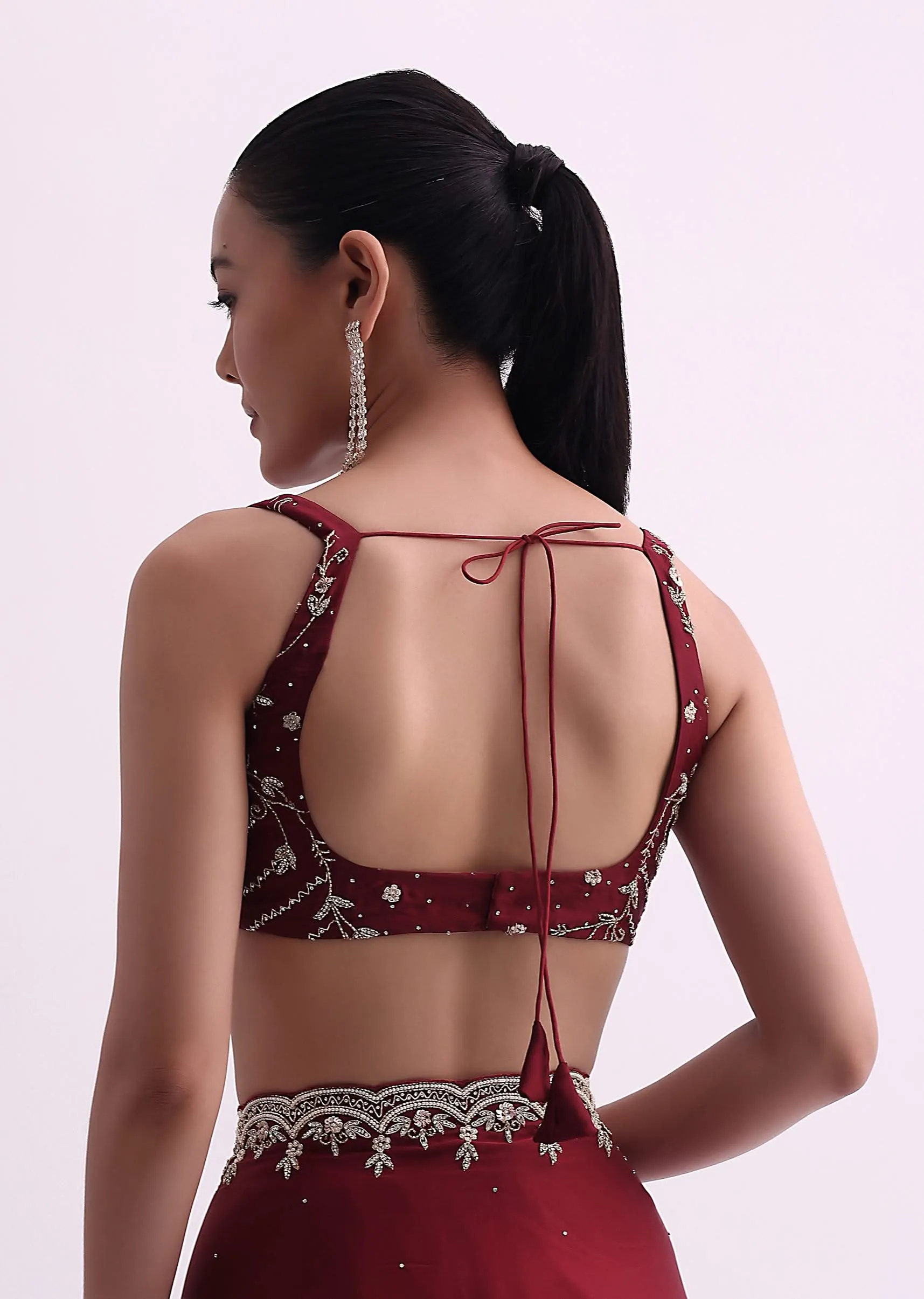 Maroon Satin Saree With Cutdana Border And Unstitched Blouse Fabric