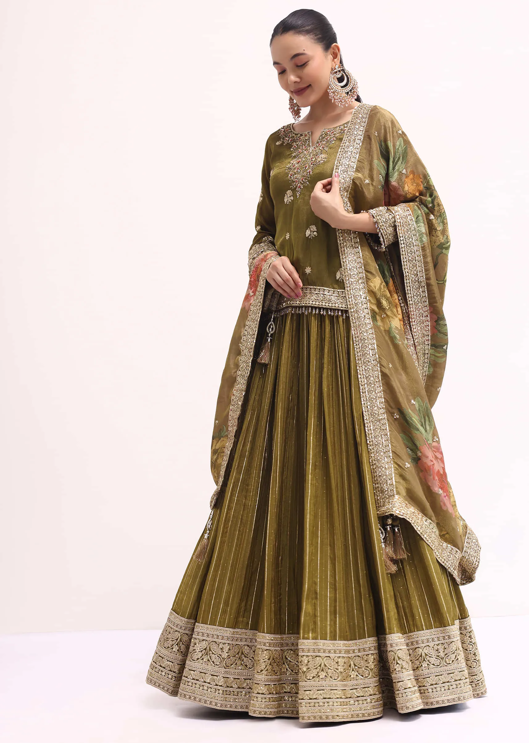 Mehendi Green Tissue Kurta Lehenga Set